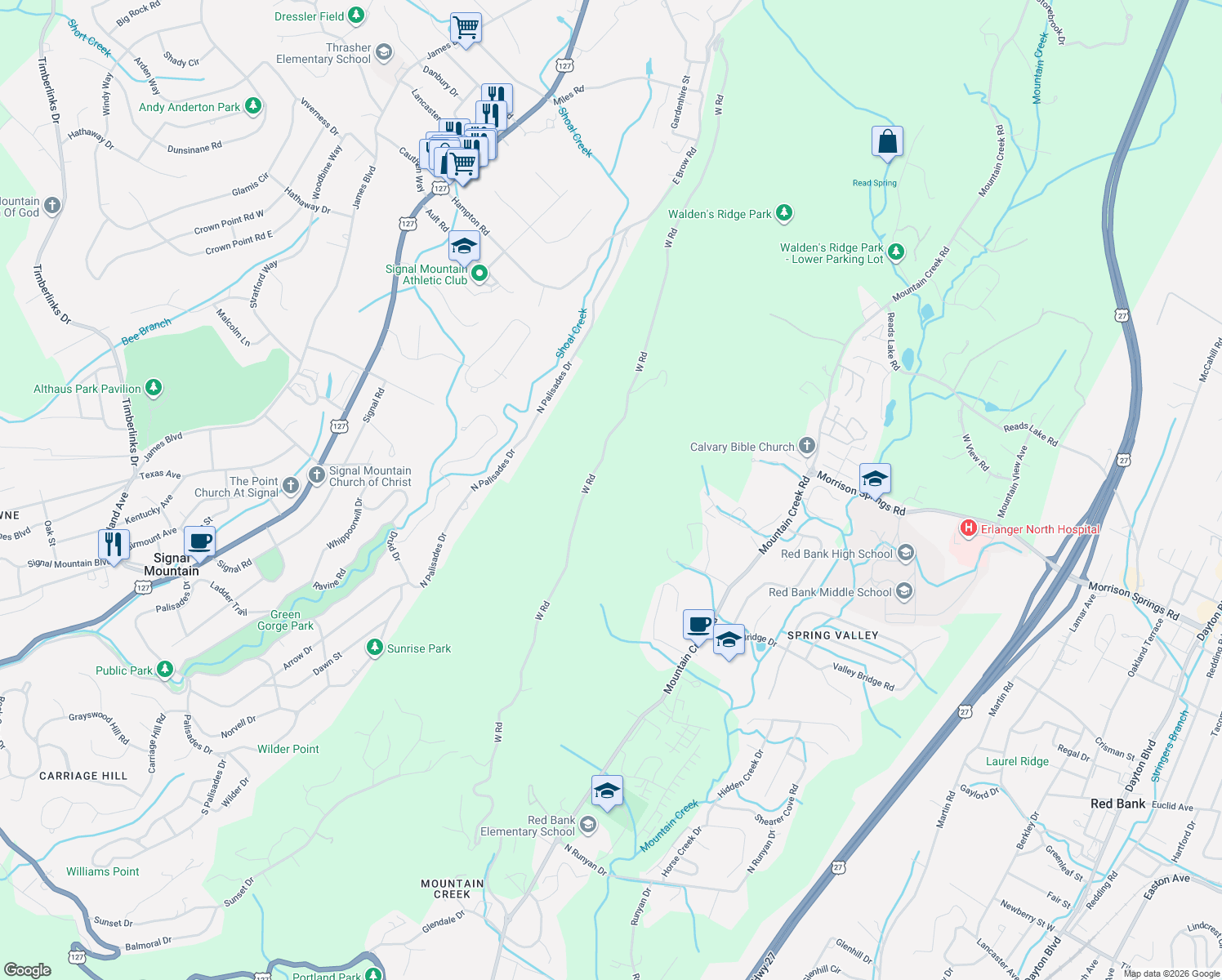 map of restaurants, bars, coffee shops, grocery stores, and more near 3942 West Road in Signal Mountain