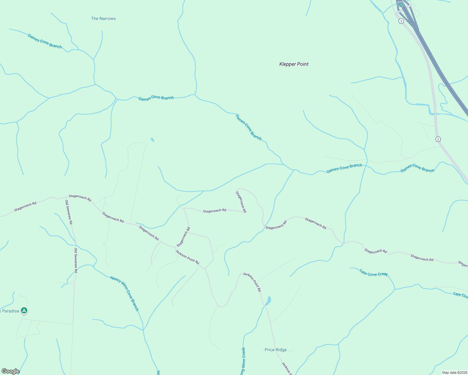map of restaurants, bars, coffee shops, grocery stores, and more near 2787 Stagecoach Road in Sewanee