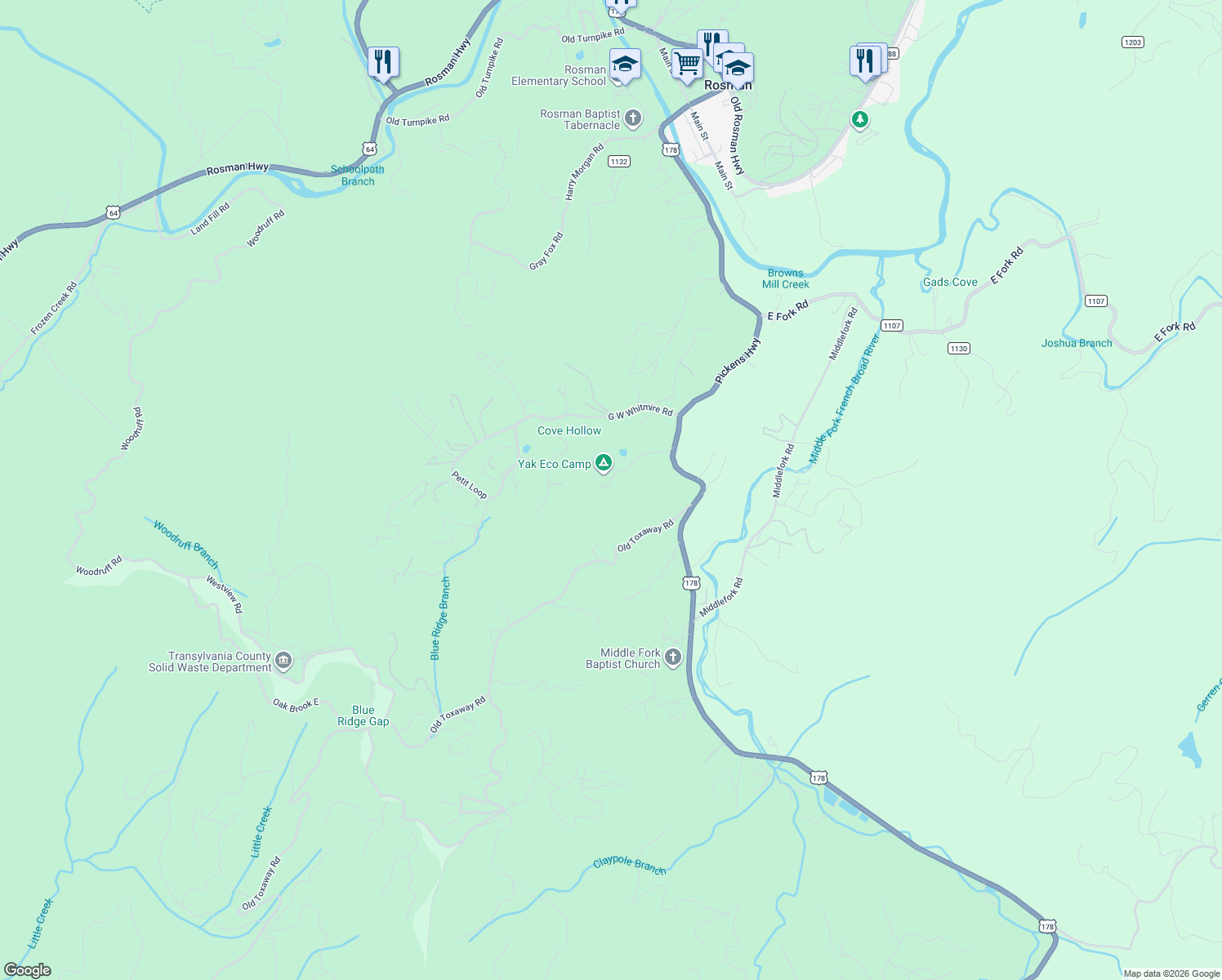 map of restaurants, bars, coffee shops, grocery stores, and more near 221 L Meece Road in Rosman