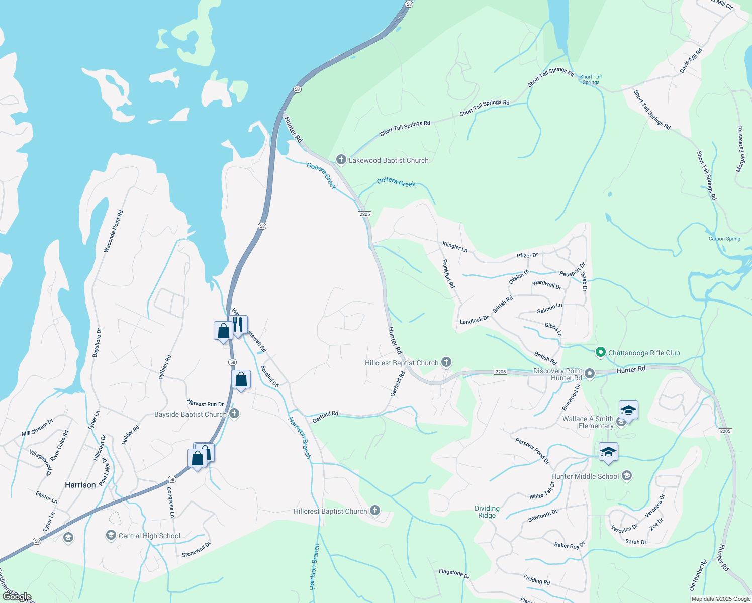 map of restaurants, bars, coffee shops, grocery stores, and more near 6325 Hunter Road in Harrison