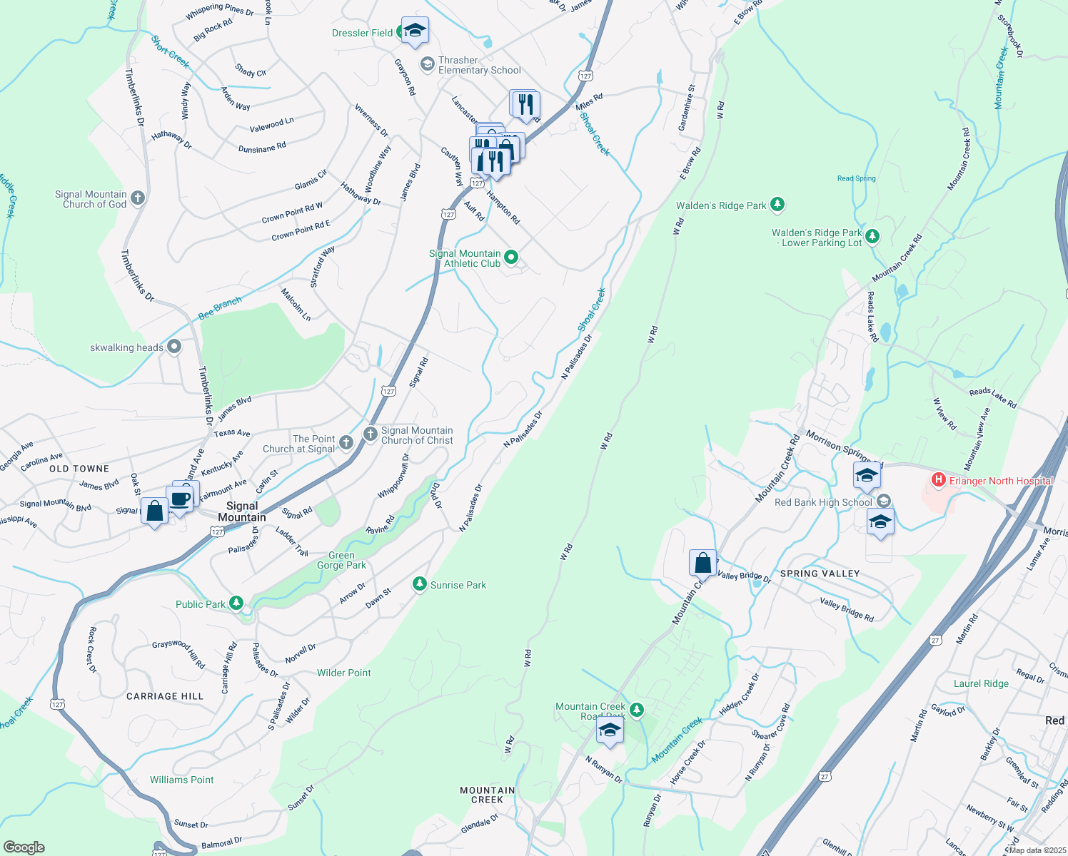 map of restaurants, bars, coffee shops, grocery stores, and more near 504 North Palisades Drive in Signal Mountain
