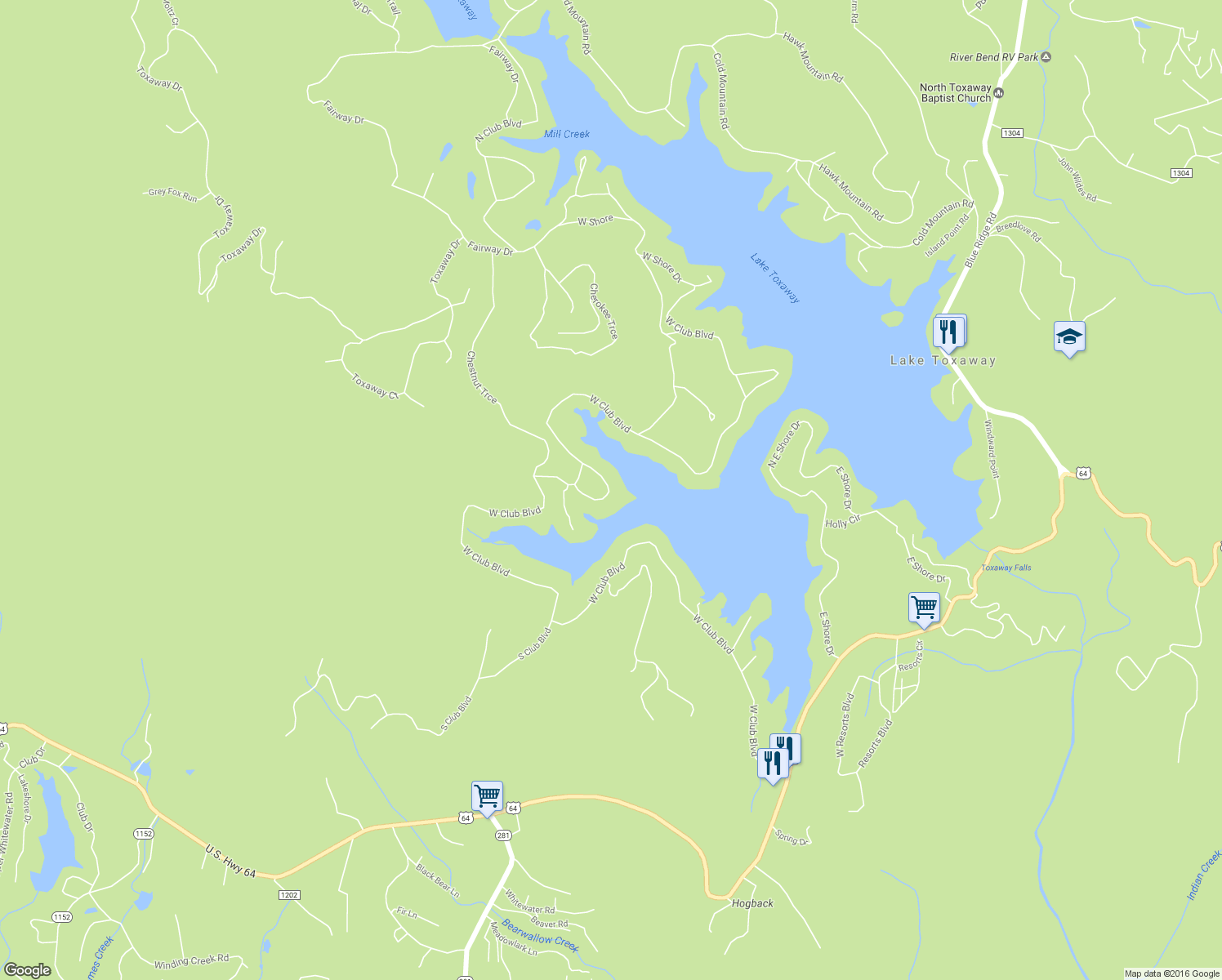 map of restaurants, bars, coffee shops, grocery stores, and more near 140 Red Bird Circle in Lake Toxaway