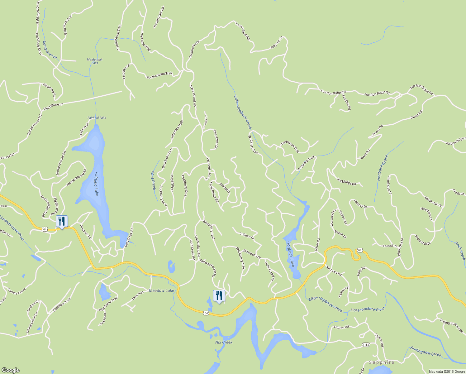map of restaurants, bars, coffee shops, grocery stores, and more near 57 Birdnest Road in Sapphire