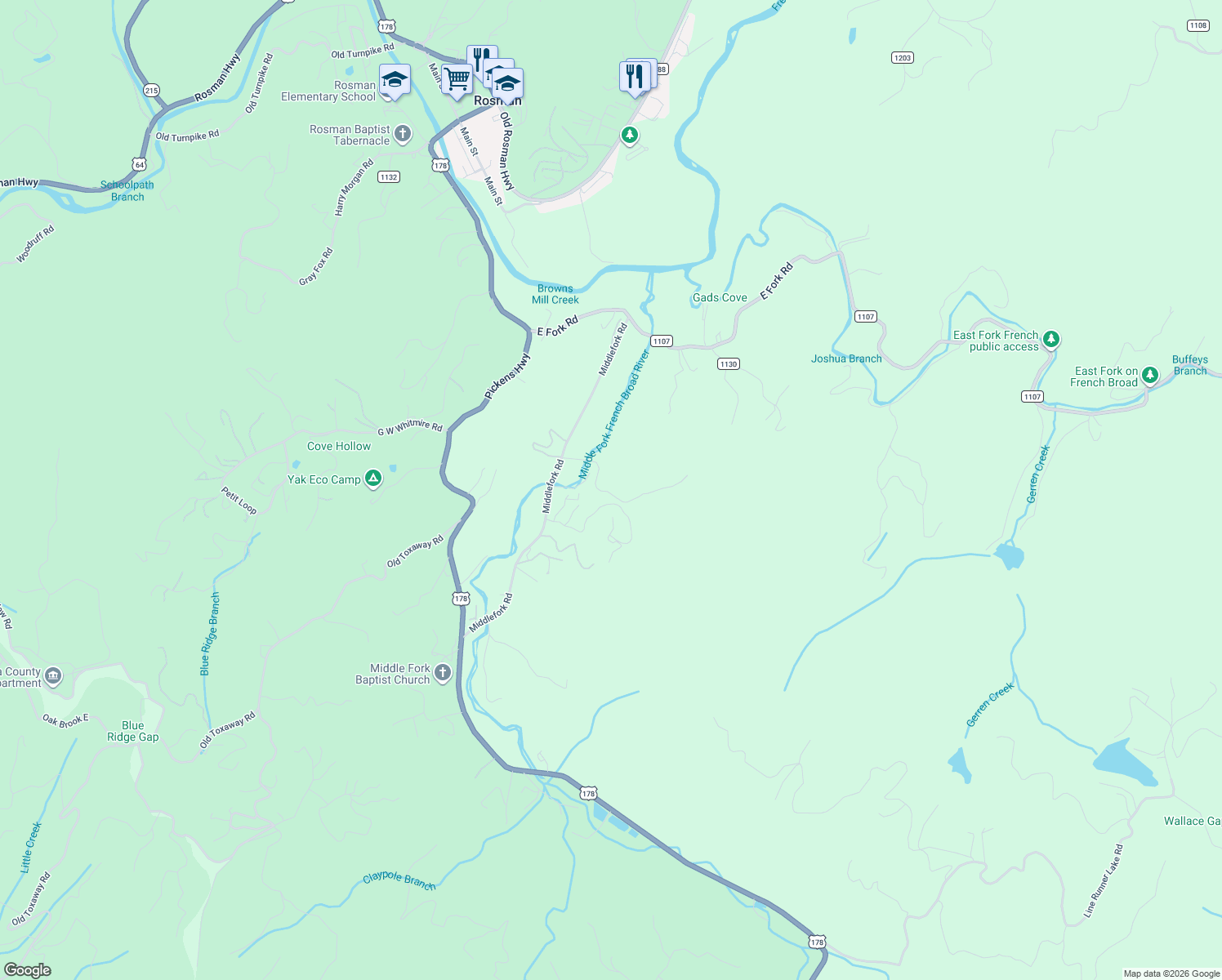 map of restaurants, bars, coffee shops, grocery stores, and more near 245 Tip Field Road in Brevard