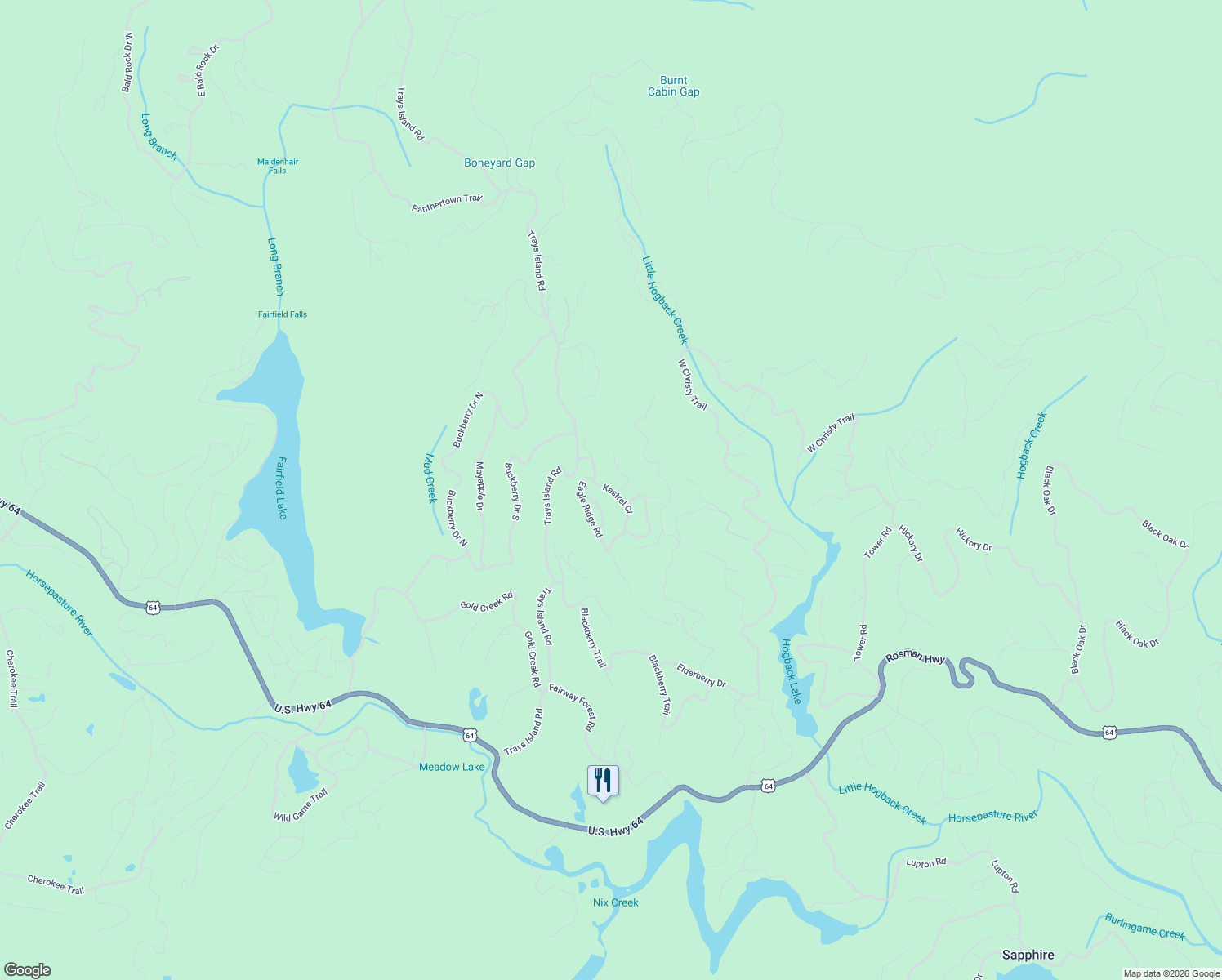 map of restaurants, bars, coffee shops, grocery stores, and more near 121 Kestrel Court in Sapphire