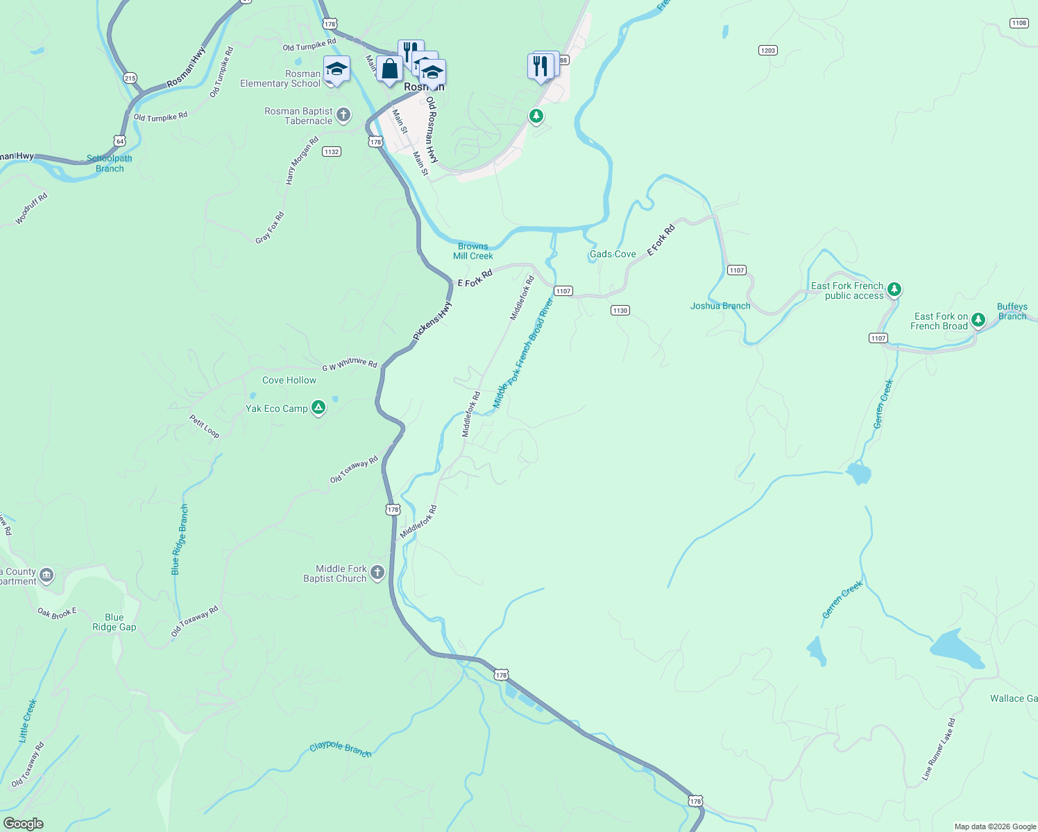 map of restaurants, bars, coffee shops, grocery stores, and more near 245 Tip Field Road in Brevard