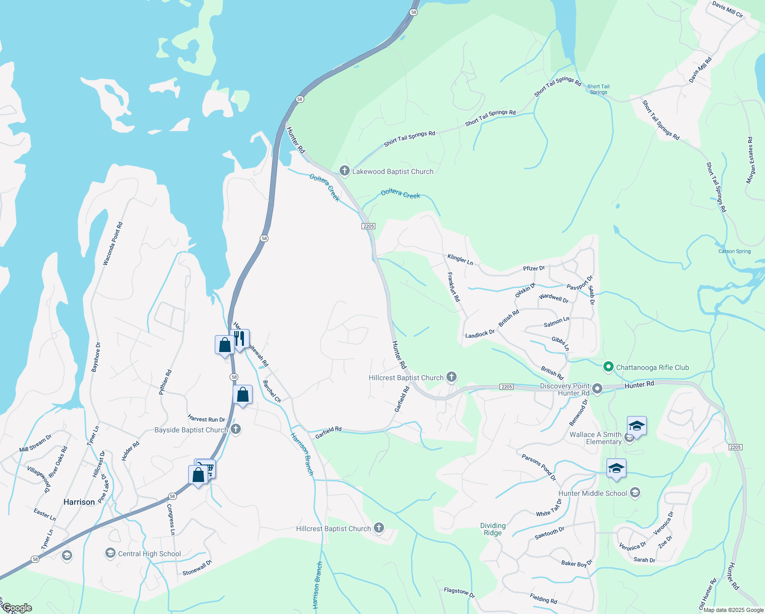map of restaurants, bars, coffee shops, grocery stores, and more near 6325 Hunter Road in Harrison