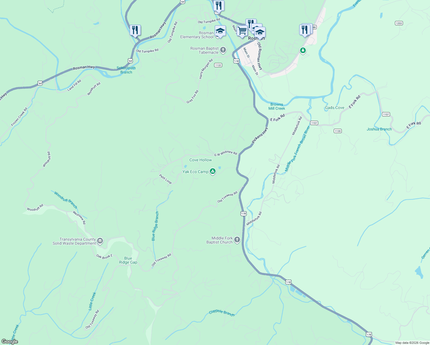 map of restaurants, bars, coffee shops, grocery stores, and more near 221 L Meece Road in Rosman
