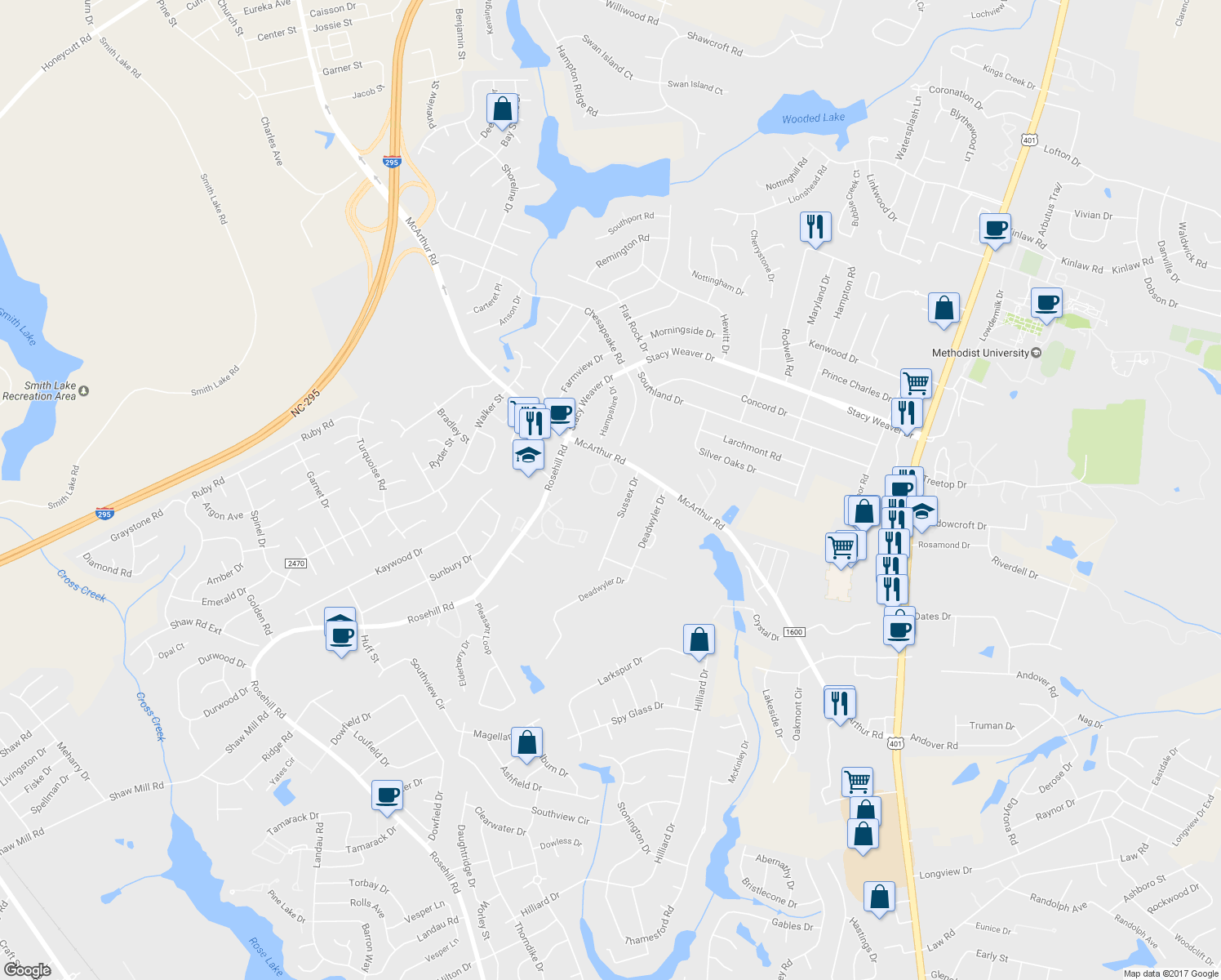 map of restaurants, bars, coffee shops, grocery stores, and more near 2620 McArthur Landing Circle in Fayetteville