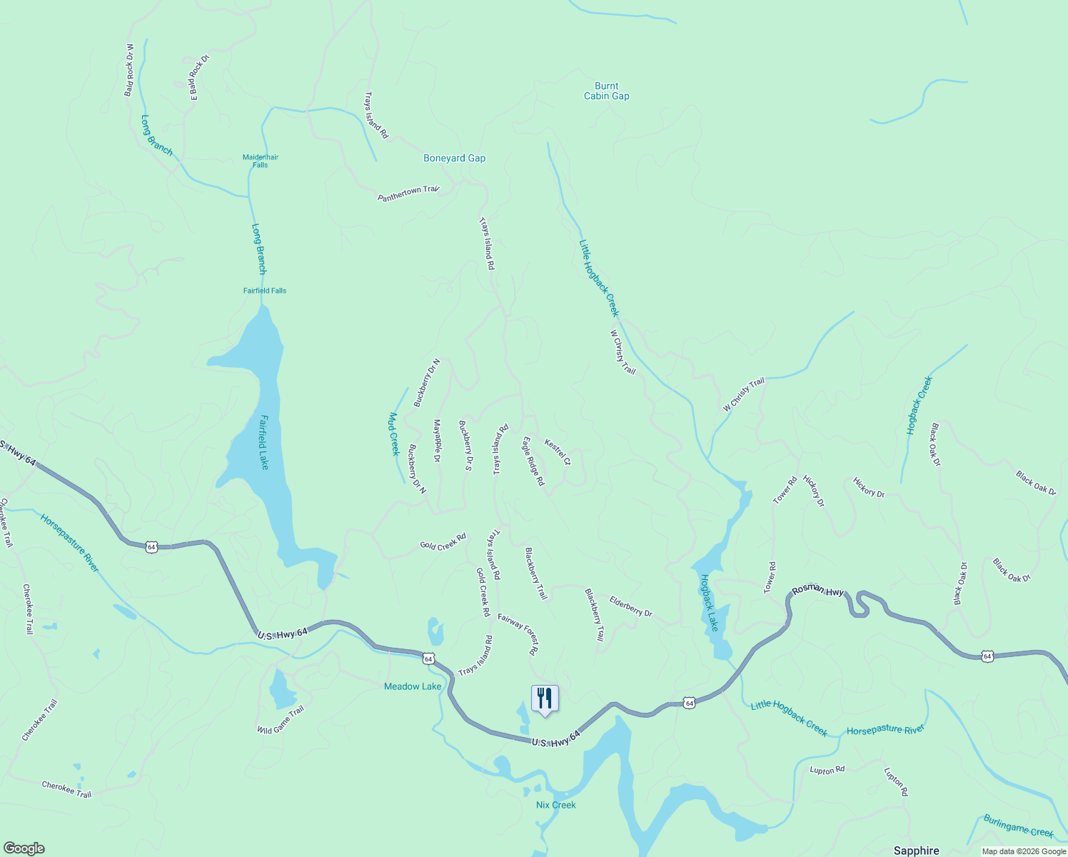 map of restaurants, bars, coffee shops, grocery stores, and more near 58 Eagle Ridge Road in Sapphire