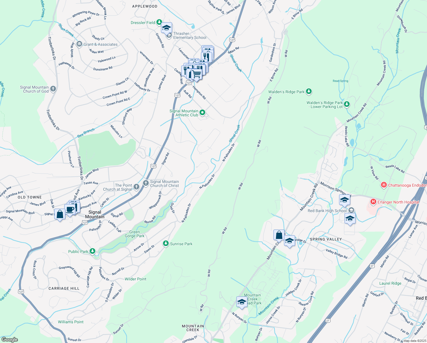 map of restaurants, bars, coffee shops, grocery stores, and more near 520 Fern Trail in Signal Mountain