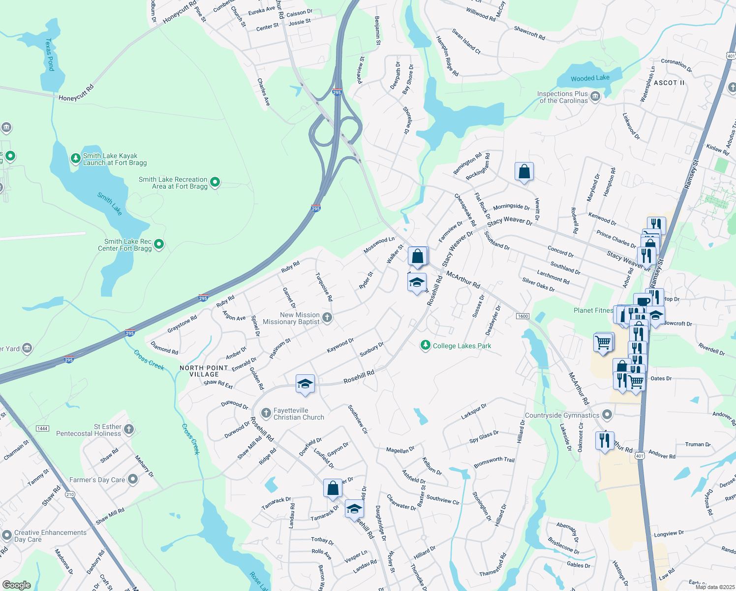 map of restaurants, bars, coffee shops, grocery stores, and more near 658 Walker Street in Fayetteville