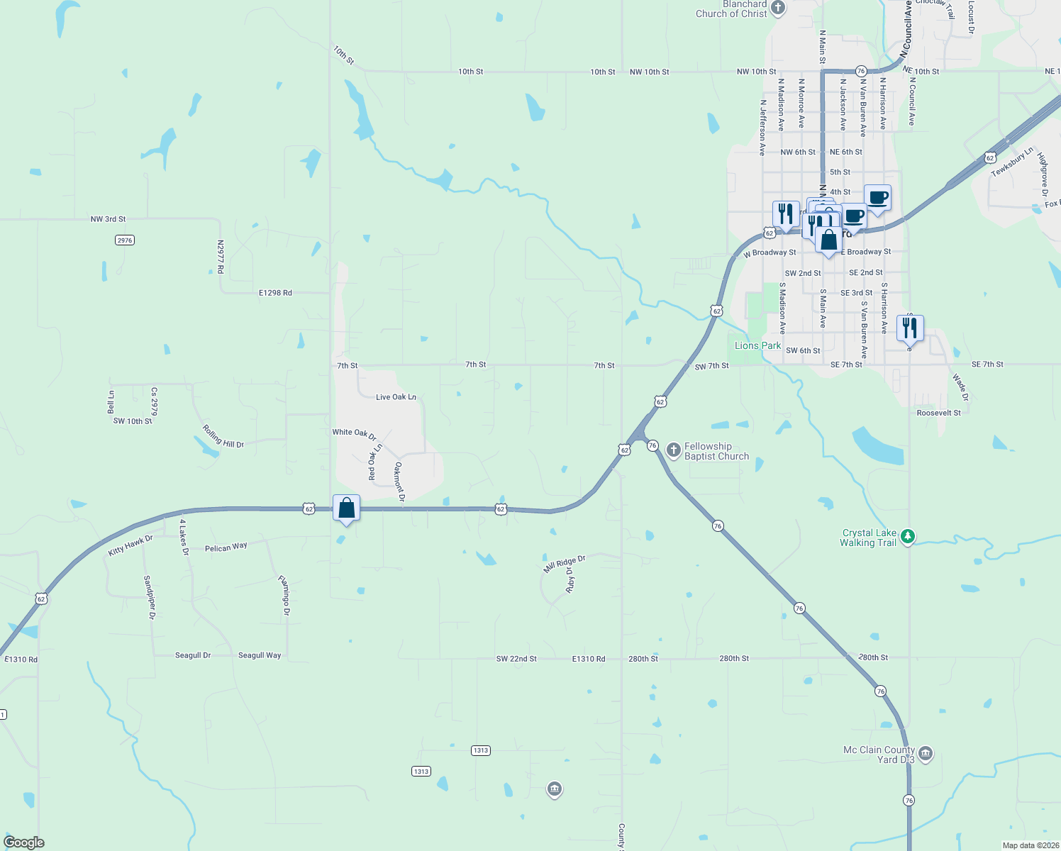 map of restaurants, bars, coffee shops, grocery stores, and more near 916 Spring Ln in Blanchard