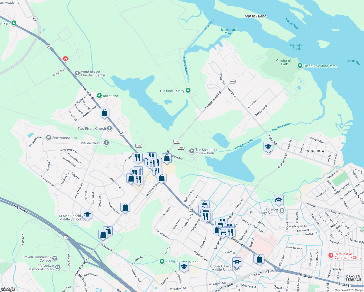 map of restaurants, bars, coffee shops, grocery stores, and more near 2820 Oakland Avenue in New Bern