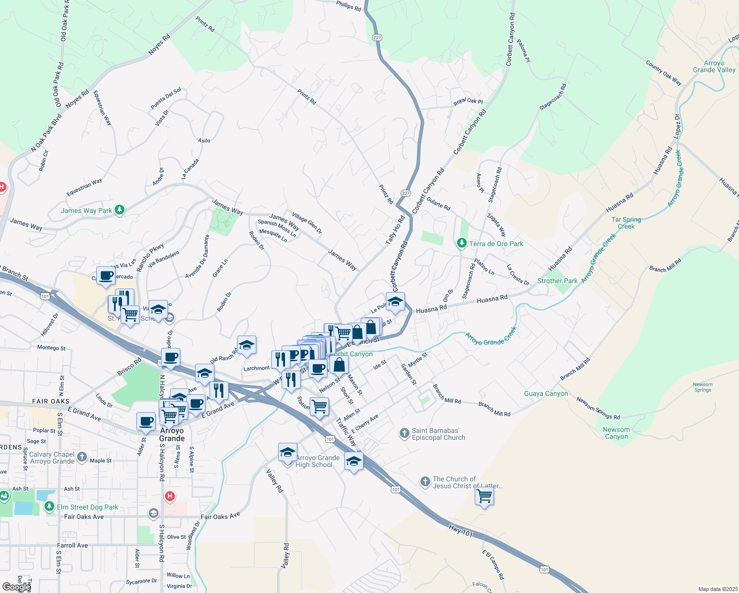 map of restaurants, bars, coffee shops, grocery stores, and more near 547 May Street in Arroyo Grande
