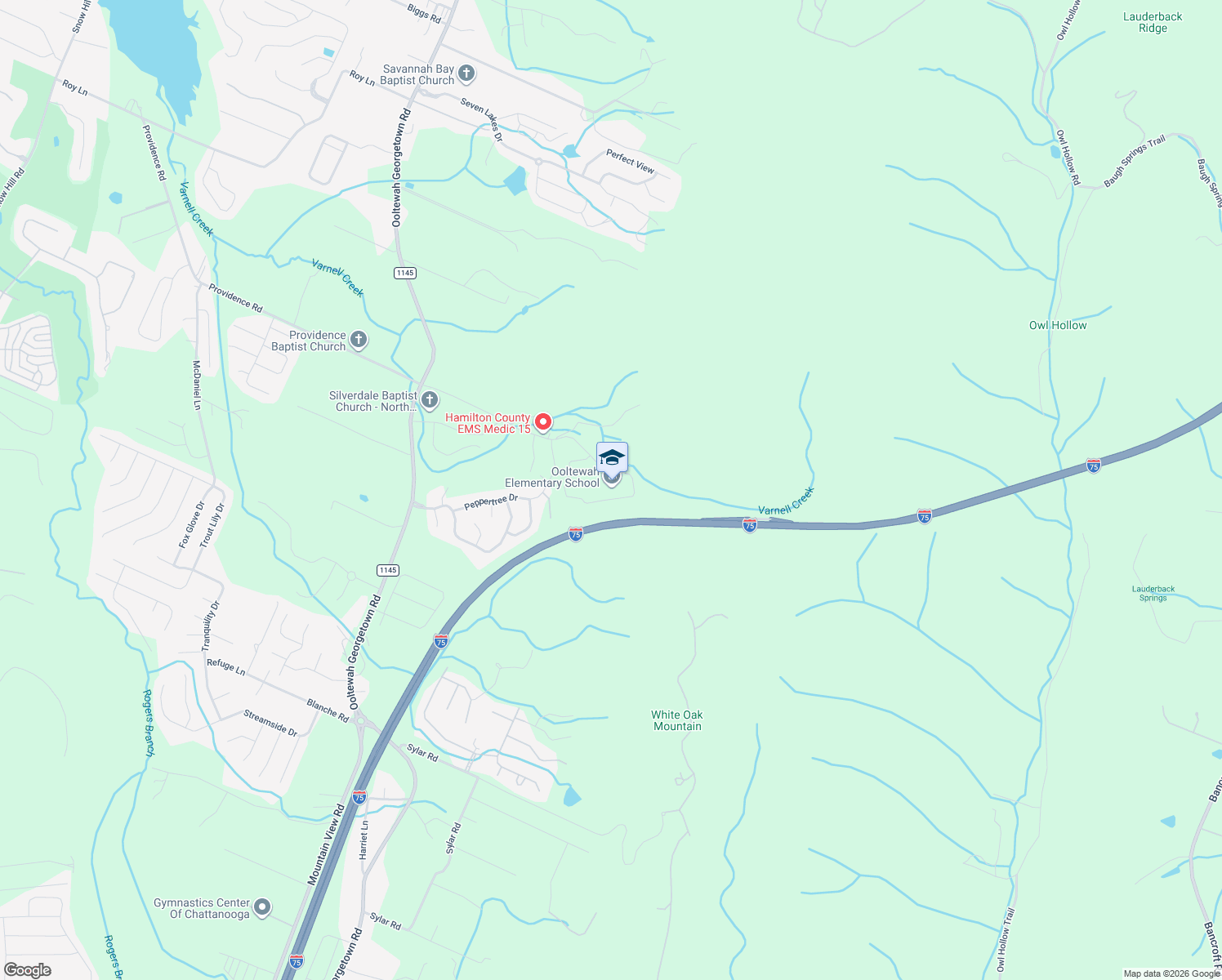 map of restaurants, bars, coffee shops, grocery stores, and more near 8890 Snowy Owl Road in Ooltewah