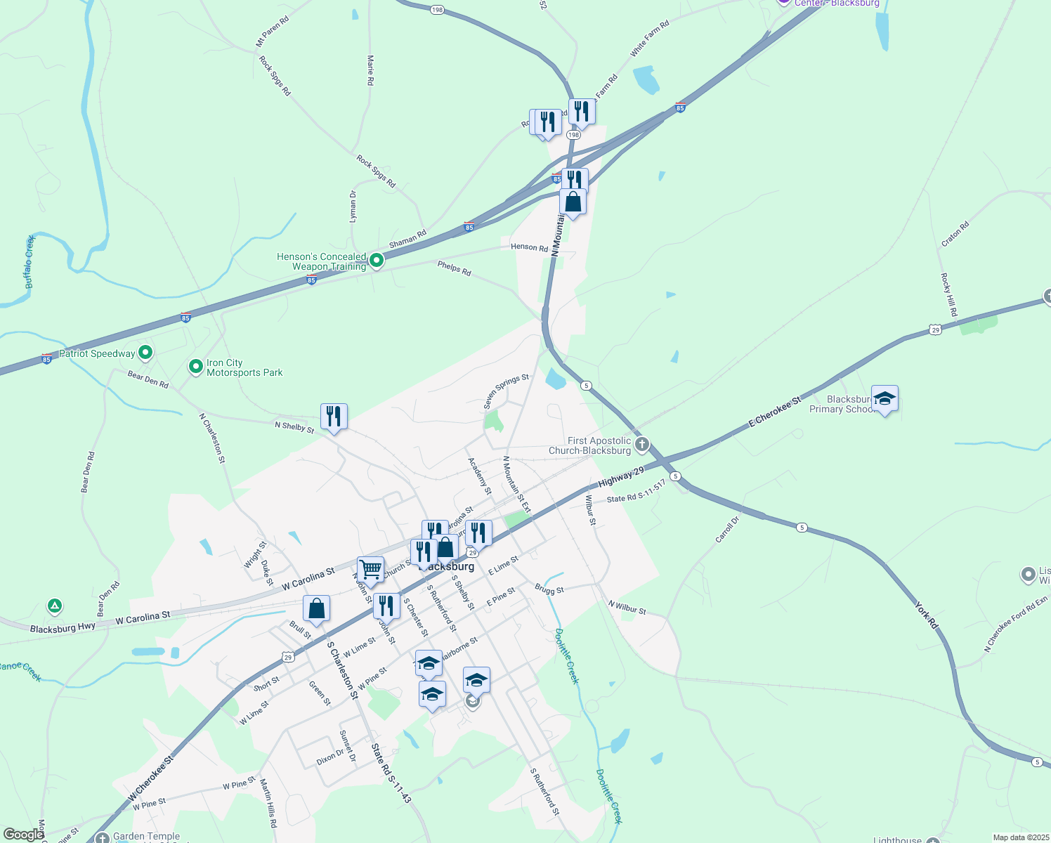 map of restaurants, bars, coffee shops, grocery stores, and more near 310 North Mountain Street in Blacksburg