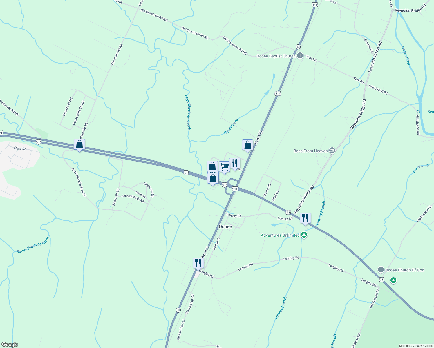 map of restaurants, bars, coffee shops, grocery stores, and more near 197 Creekside Dr in Polk
