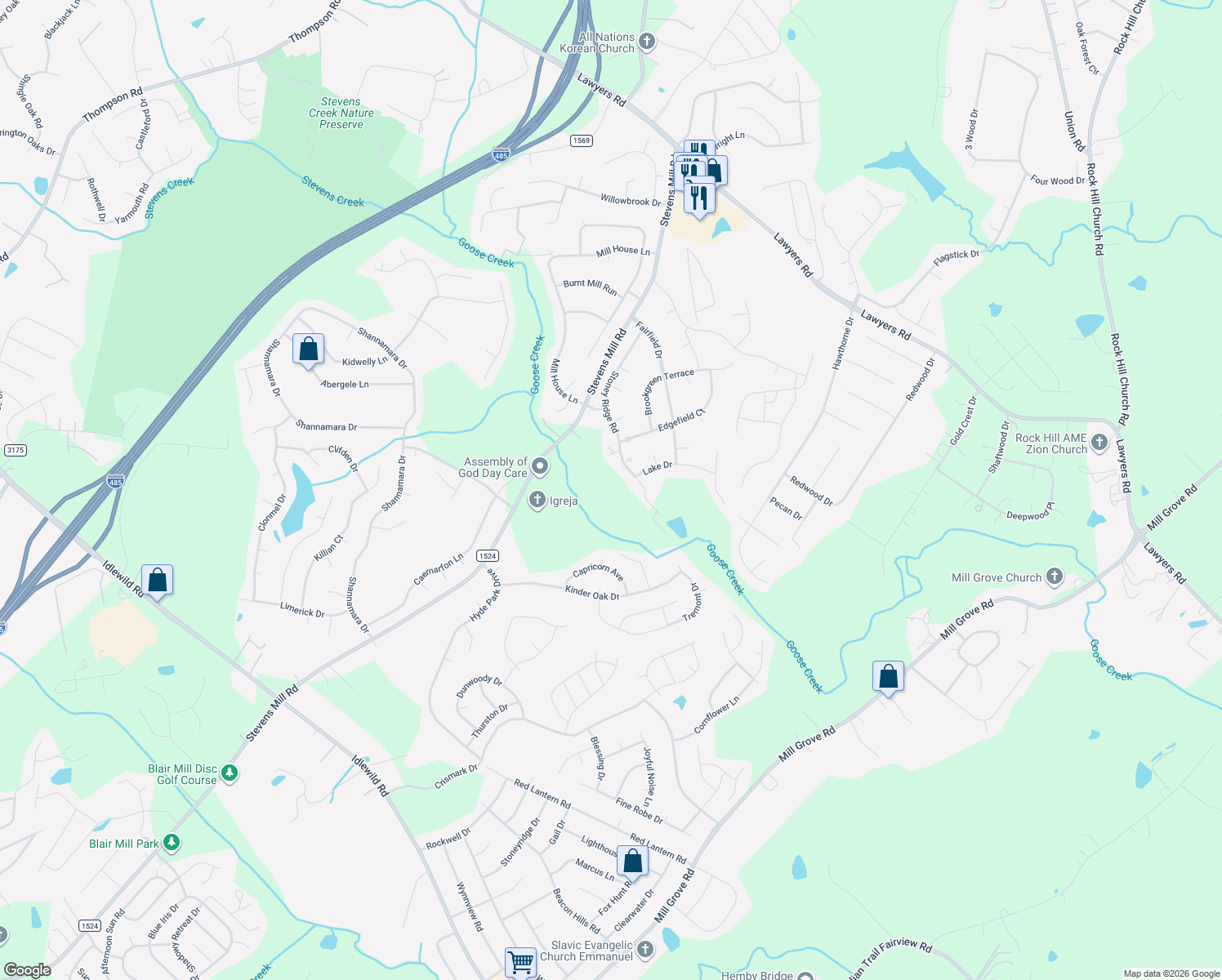map of restaurants, bars, coffee shops, grocery stores, and more near 6916 Stevens Mill Road in Matthews