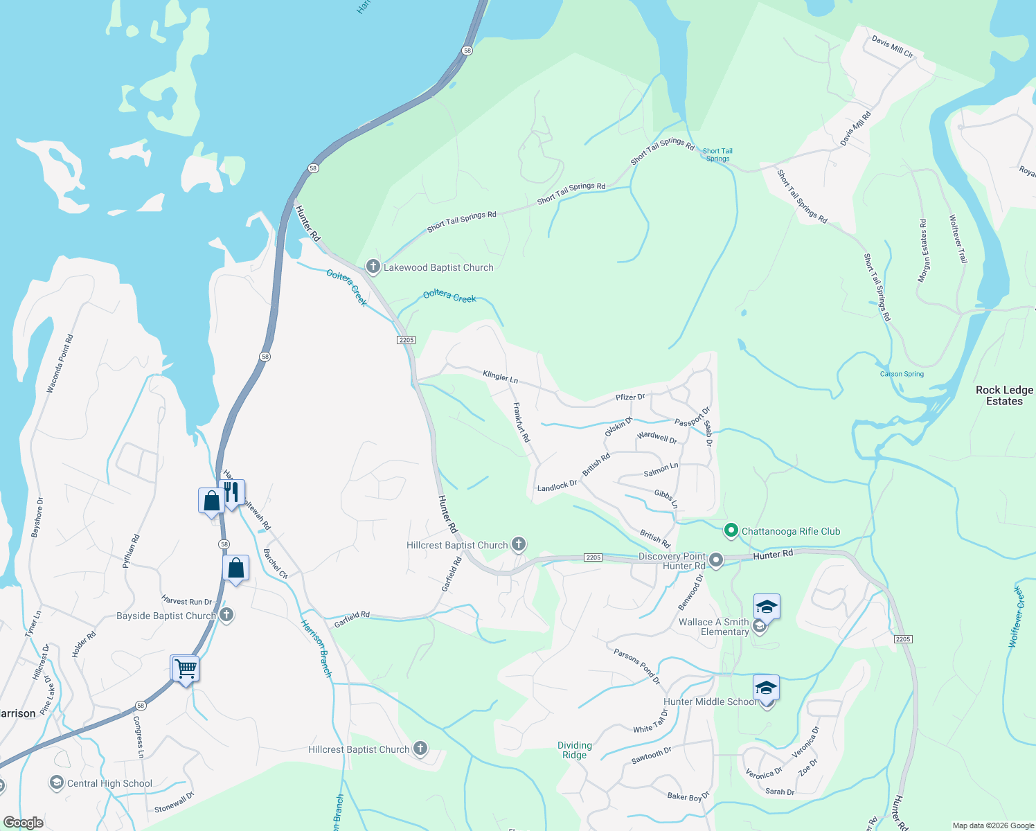 map of restaurants, bars, coffee shops, grocery stores, and more near 6390 Frankfurt Road in Ooltewah