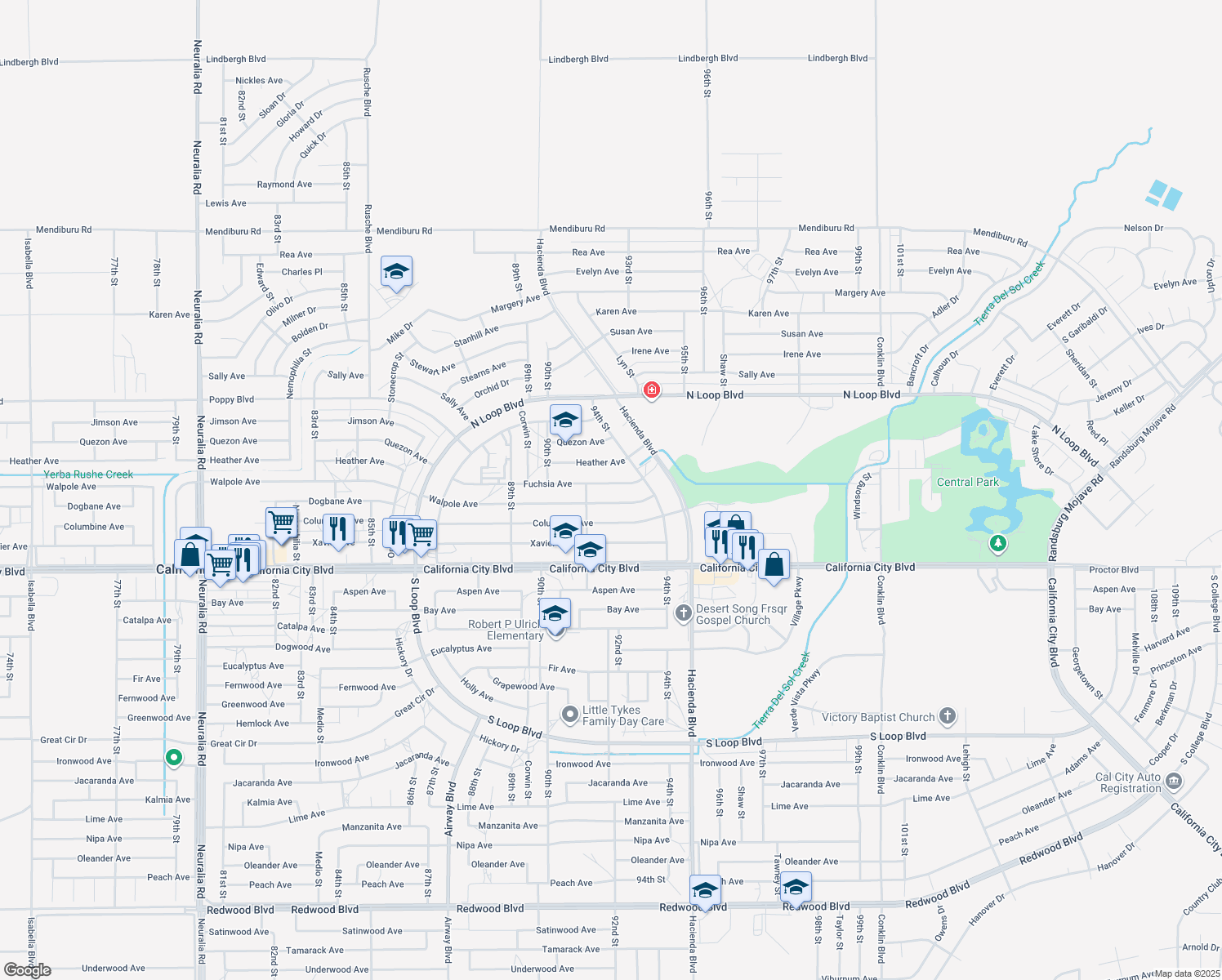 map of restaurants, bars, coffee shops, grocery stores, and more near 9200 Fuchsia Avenue in California City