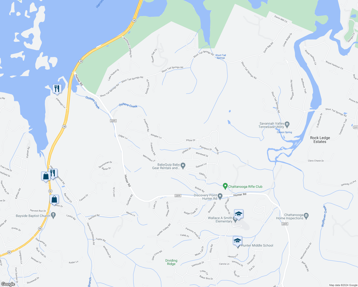 map of restaurants, bars, coffee shops, grocery stores, and more near 7435 Pfizer Drive in Ooltewah