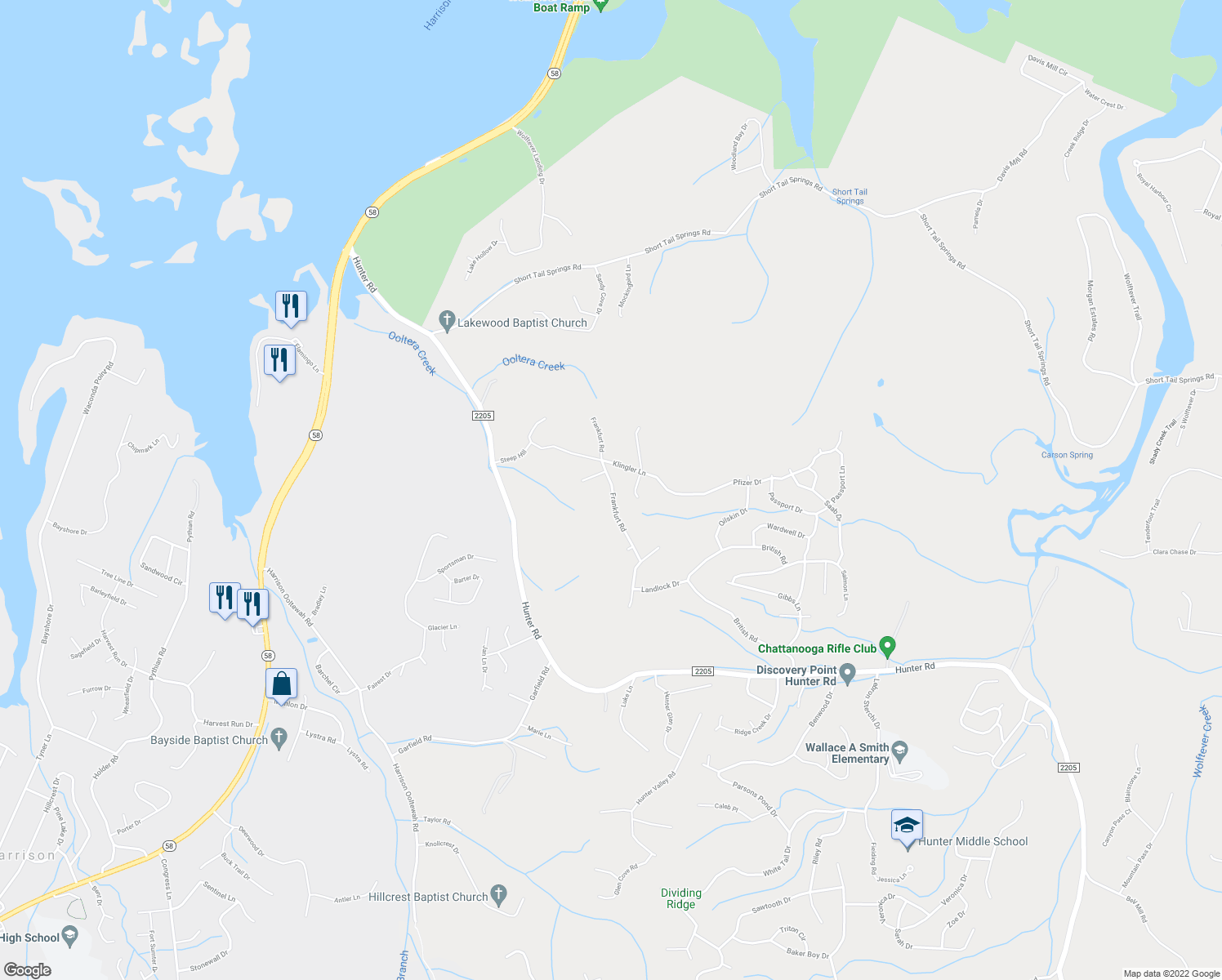 map of restaurants, bars, coffee shops, grocery stores, and more near 6413 Frankfurt Road in Ooltewah