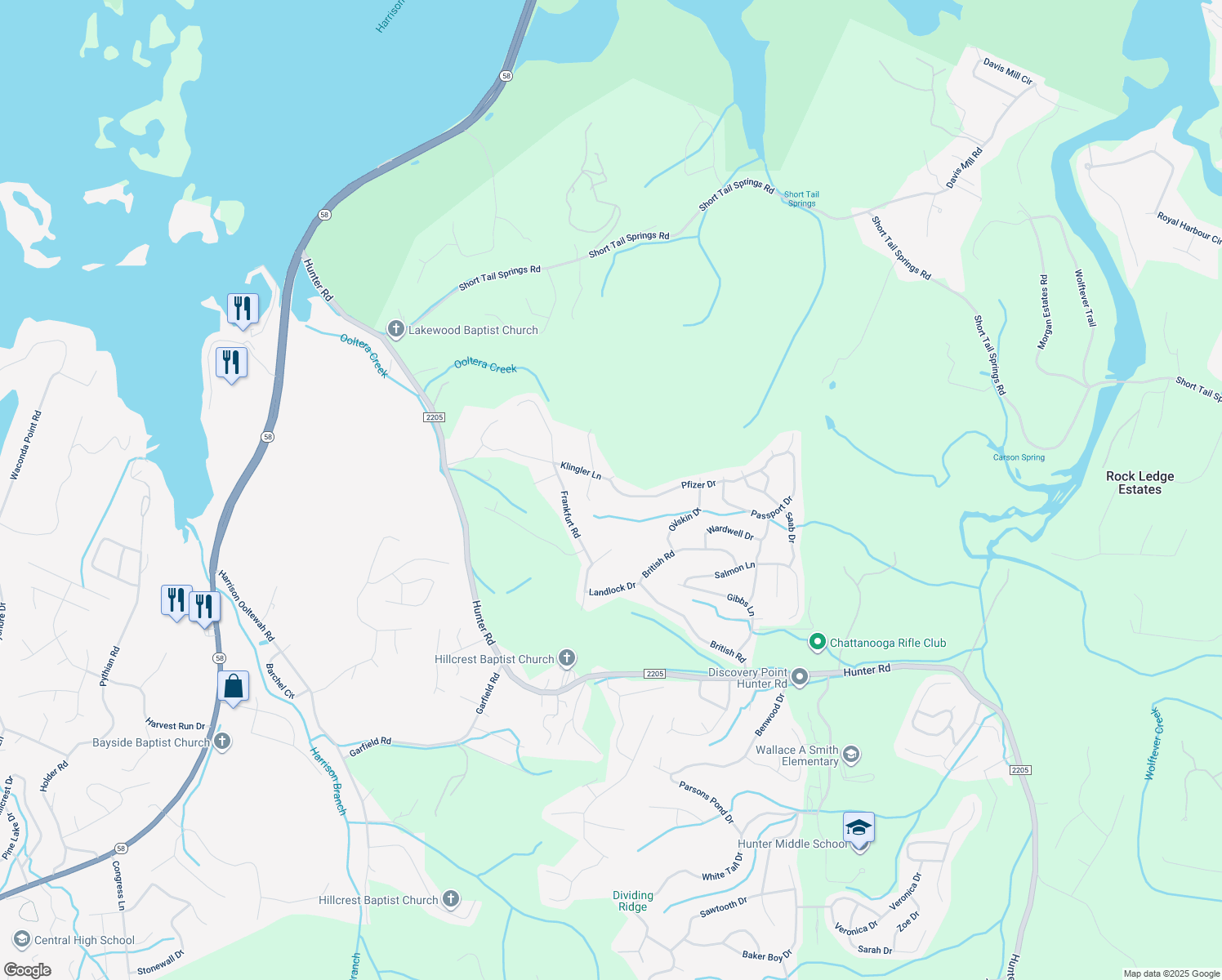 map of restaurants, bars, coffee shops, grocery stores, and more near 7358 Pfizer Drive in Ooltewah