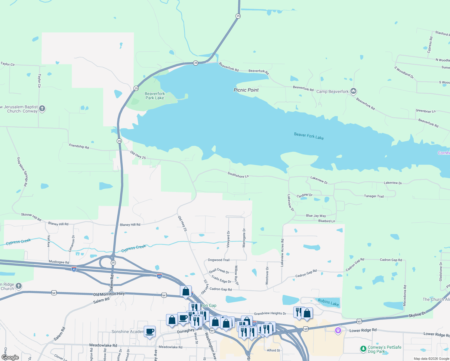 map of restaurants, bars, coffee shops, grocery stores, and more near 75-99 Southshore Lane in Conway