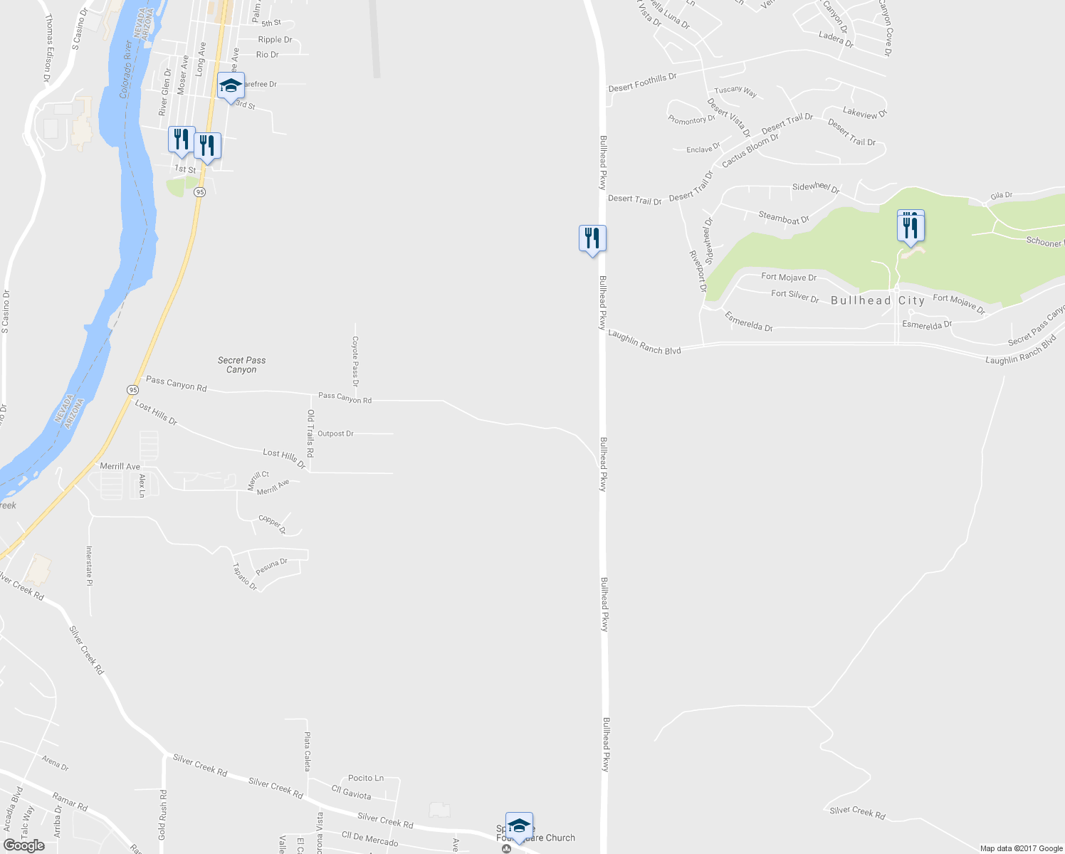 map of restaurants, bars, coffee shops, grocery stores, and more near 1774 Bullhead Parkway in Bullhead City