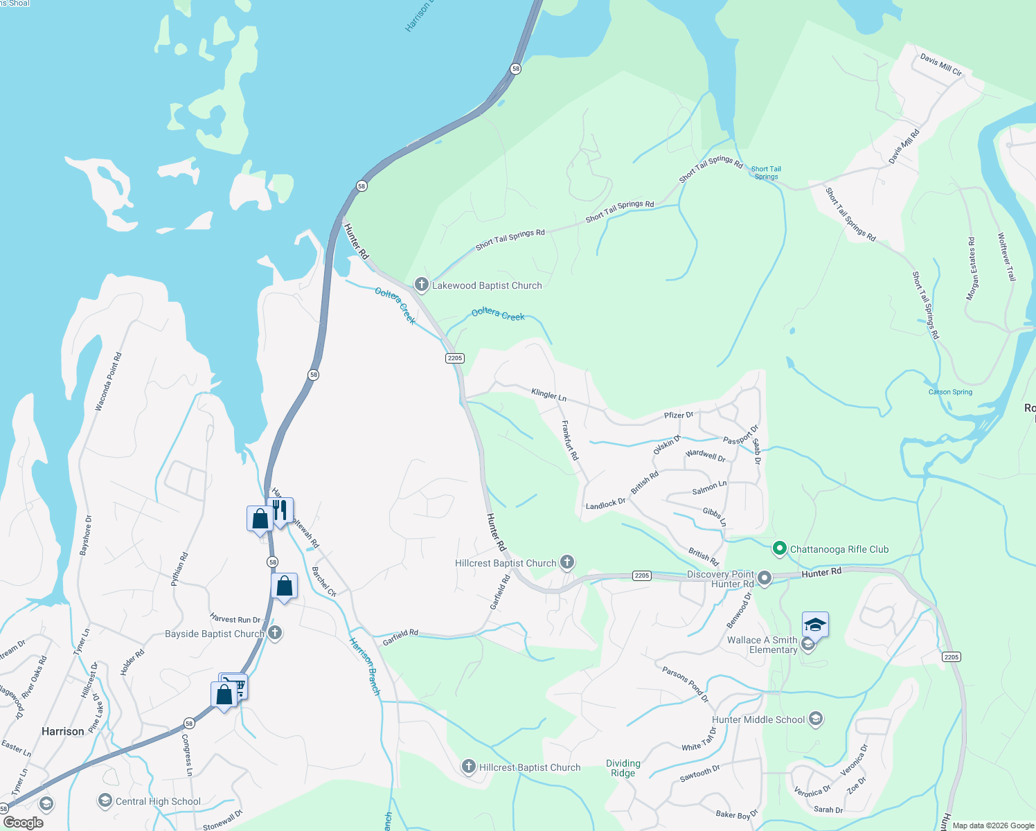 map of restaurants, bars, coffee shops, grocery stores, and more near 7177 Klingler Lane in Ooltewah