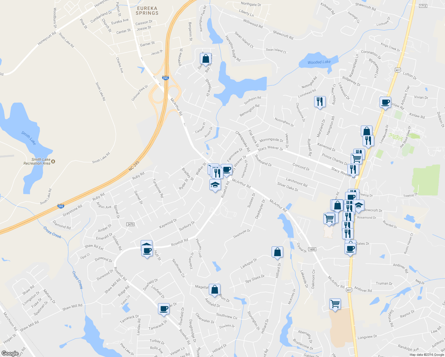 map of restaurants, bars, coffee shops, grocery stores, and more near 919 McArthur Road in Fayetteville