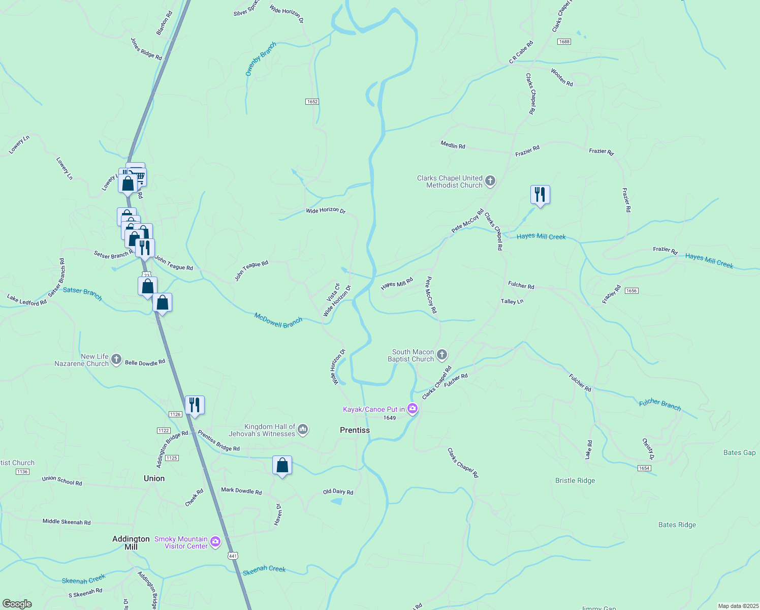 map of restaurants, bars, coffee shops, grocery stores, and more near 337 Hayes Mill Road in Franklin
