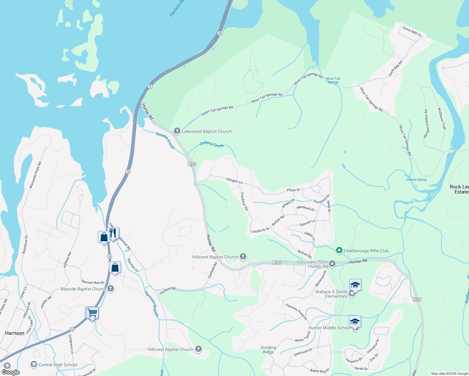 map of restaurants, bars, coffee shops, grocery stores, and more near 7209 Klingler Lane in Ooltewah