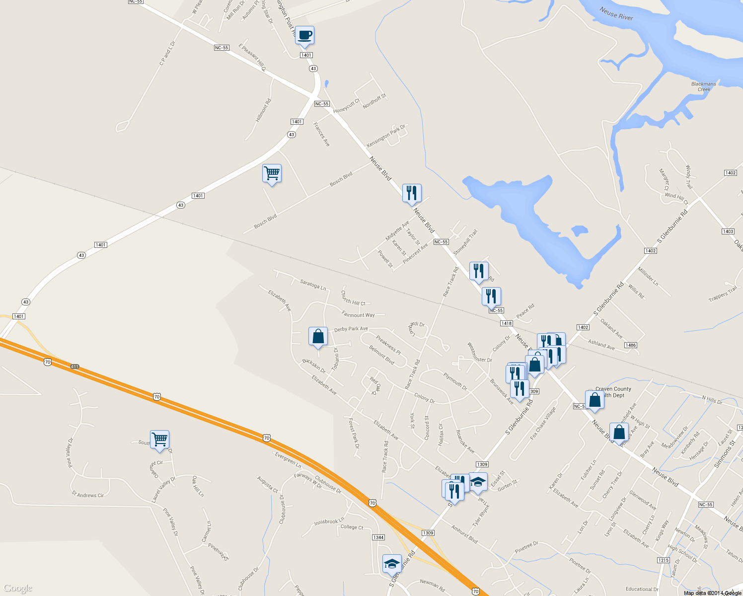 map of restaurants, bars, coffee shops, grocery stores, and more near 308 Church Hill Ct in New Bern