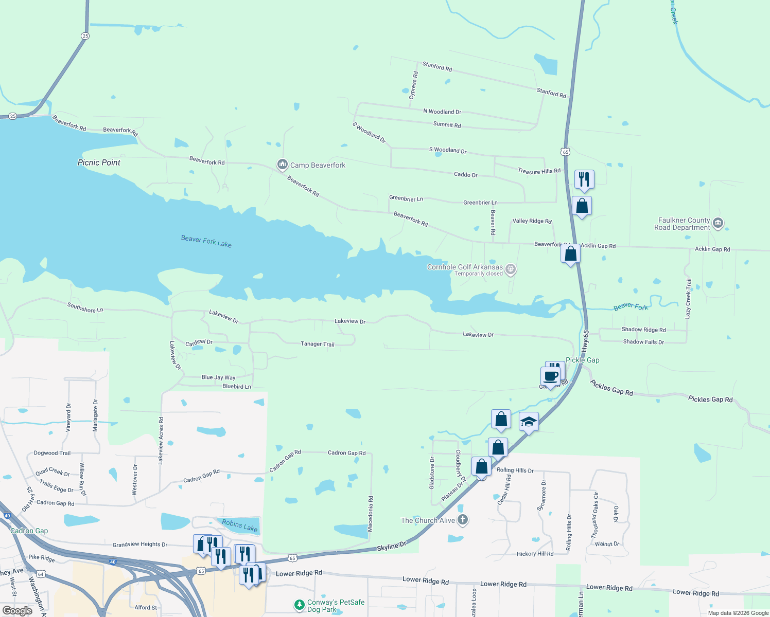 map of restaurants, bars, coffee shops, grocery stores, and more near 60 Lakeview Drive in Conway