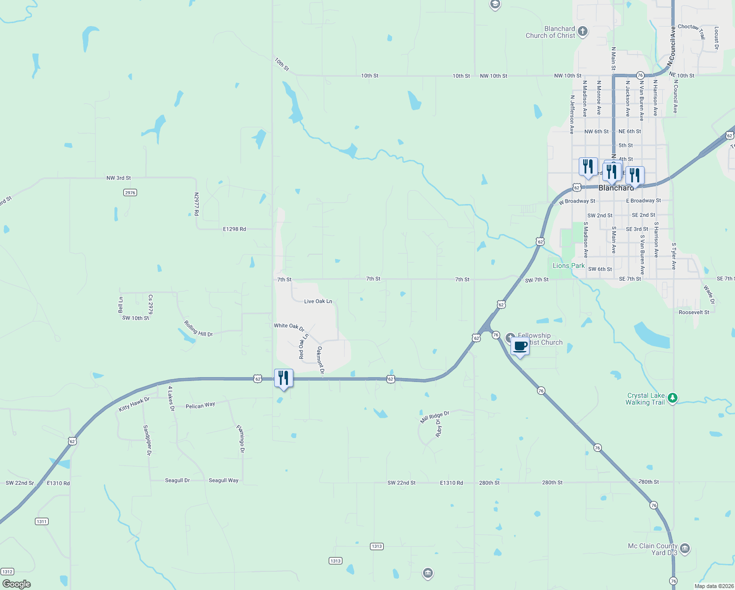 map of restaurants, bars, coffee shops, grocery stores, and more near 1908 Hackney Court in Blanchard