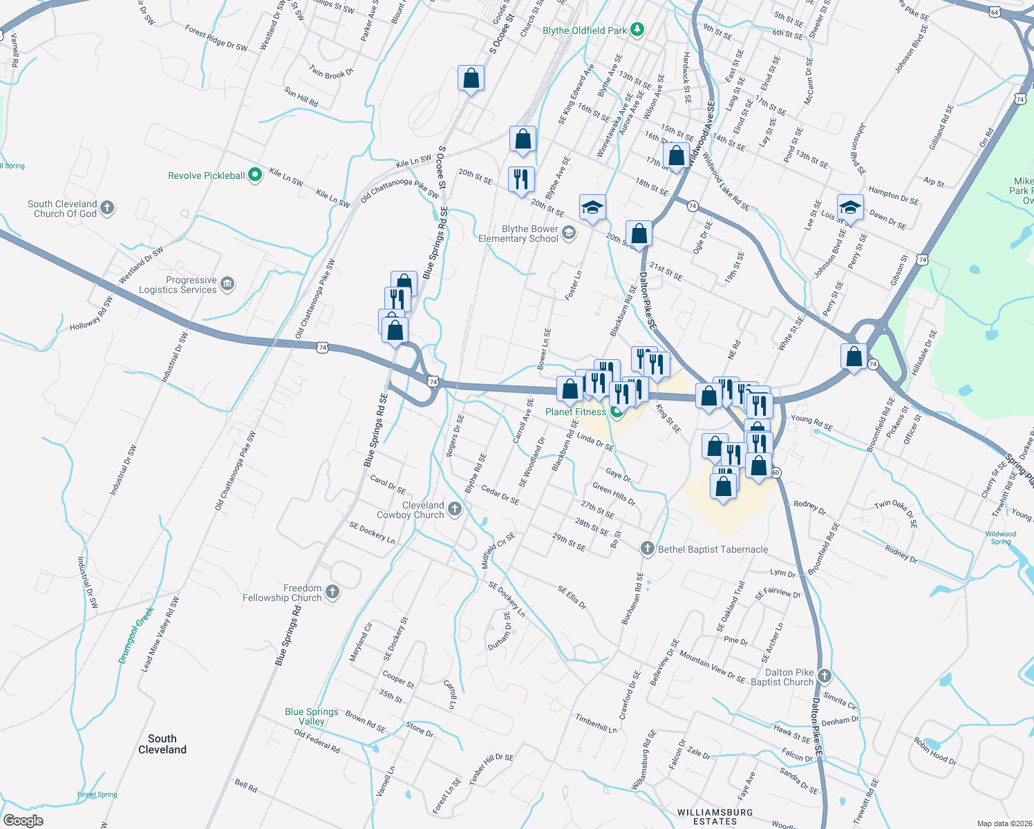 map of restaurants, bars, coffee shops, grocery stores, and more near 616 Linda Drive Southeast in Cleveland
