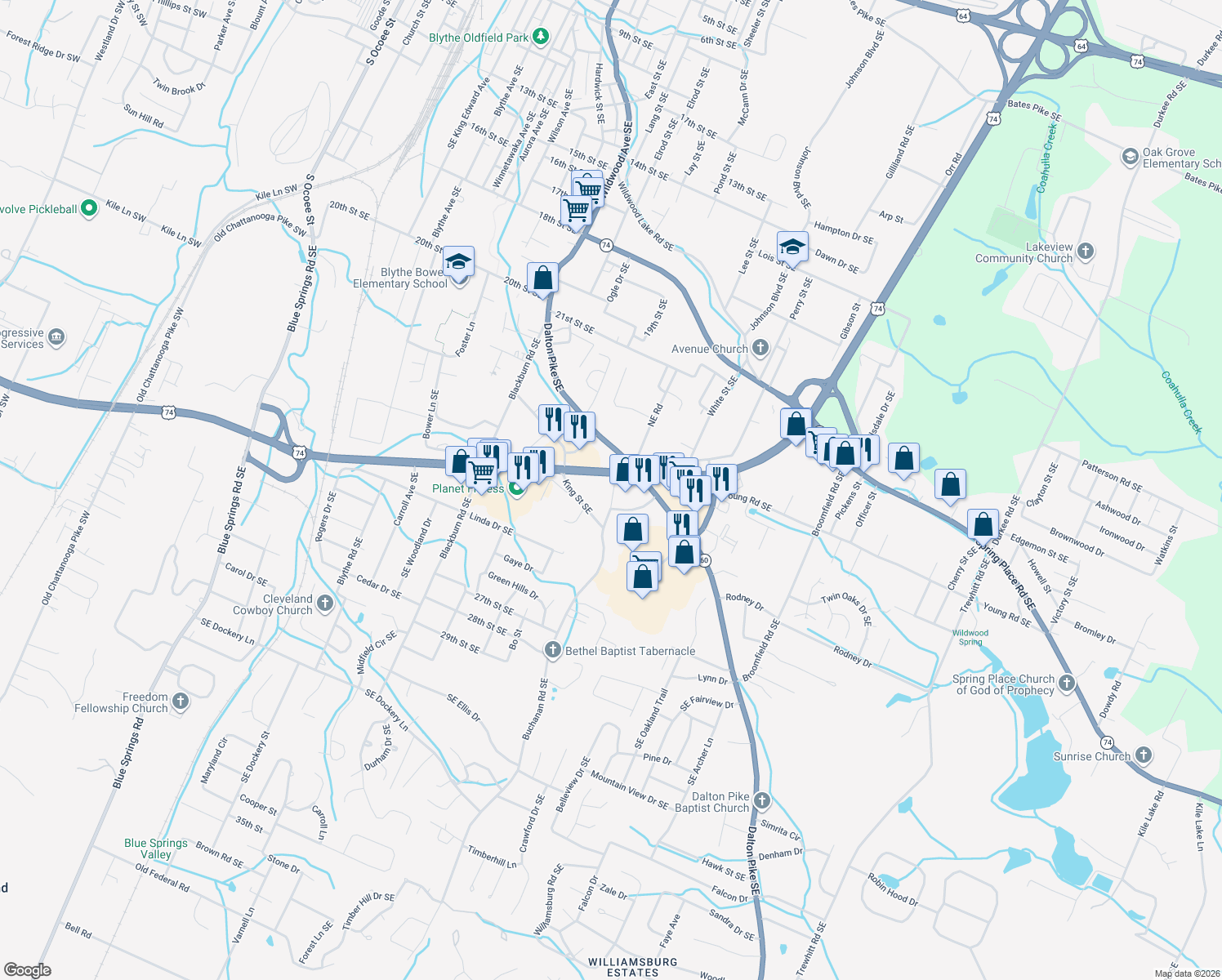 map of restaurants, bars, coffee shops, grocery stores, and more near 2225 Buchanan Rd SE in Cleveland