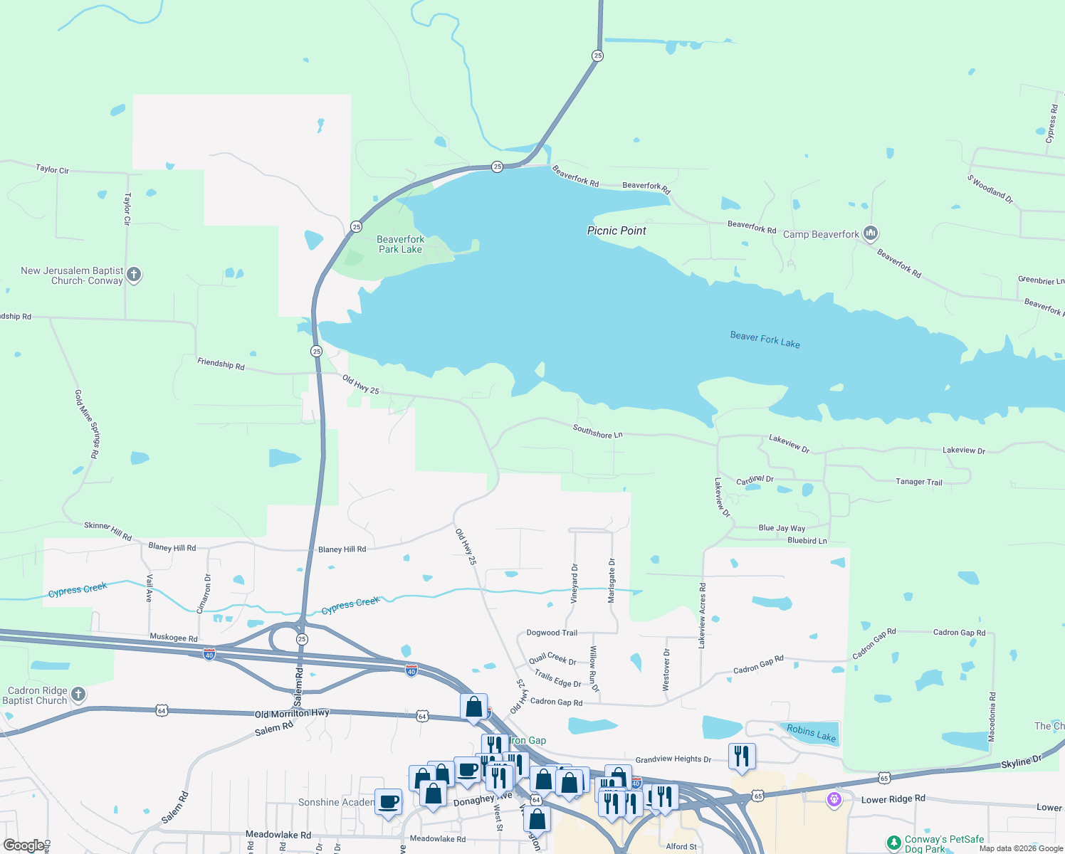 map of restaurants, bars, coffee shops, grocery stores, and more near 75 Southshore Lane in Conway