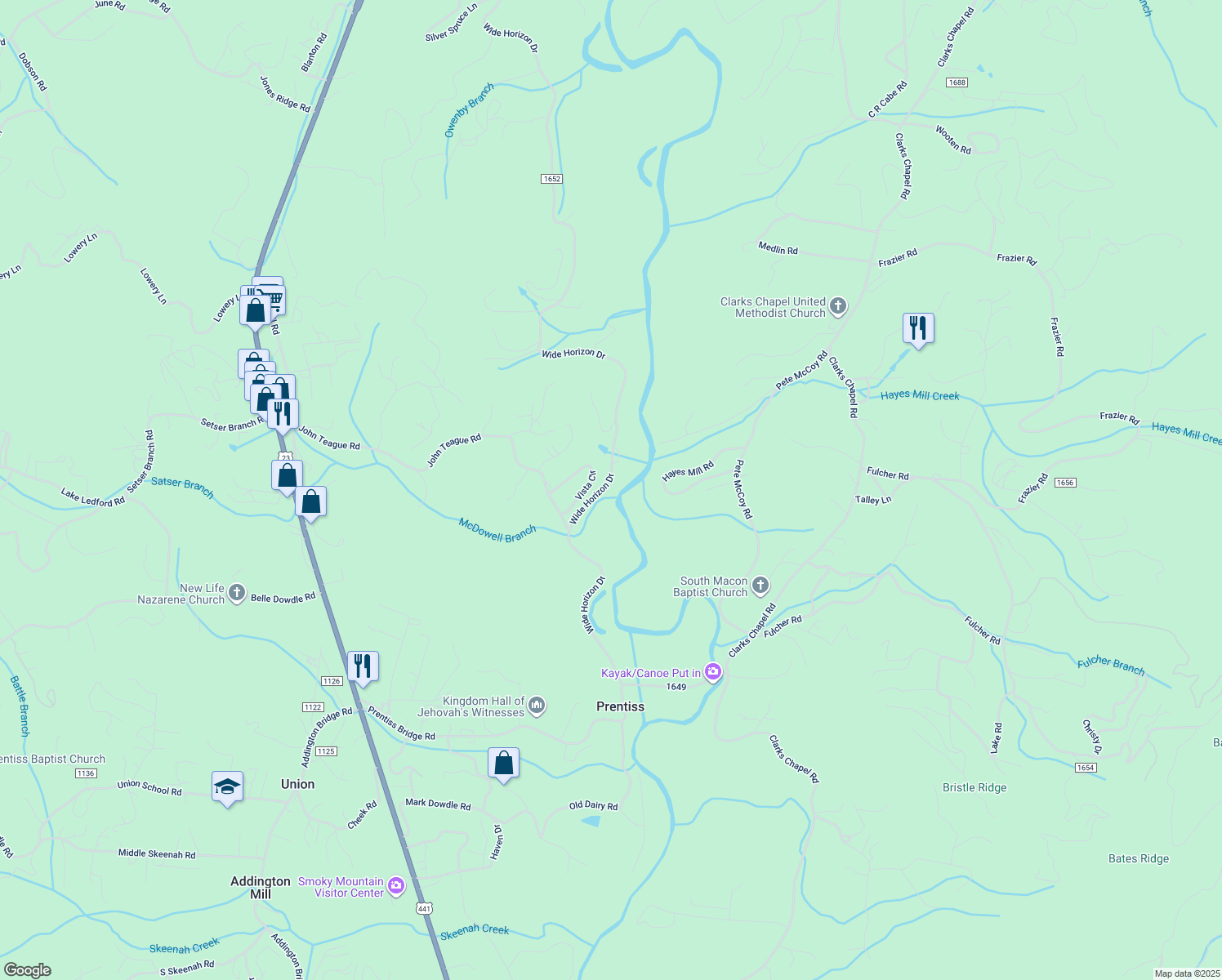 map of restaurants, bars, coffee shops, grocery stores, and more near 2462 Wide Horizon Drive in Franklin