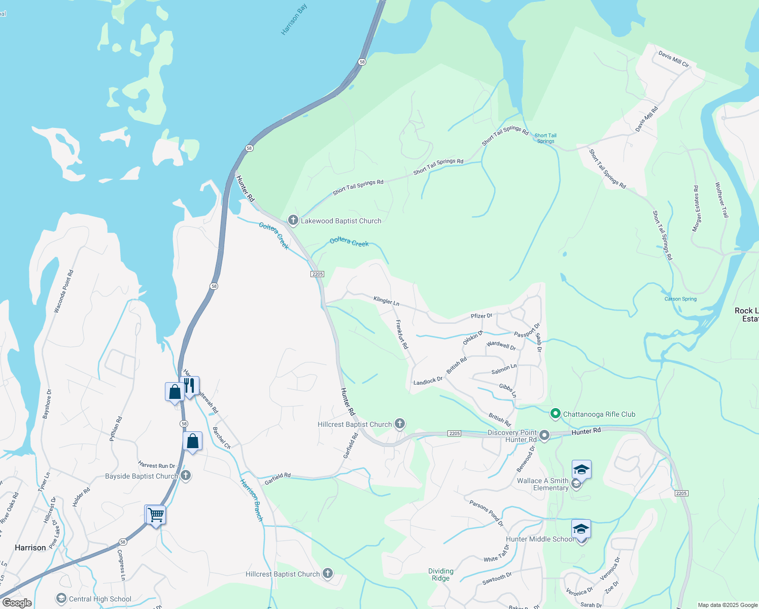 map of restaurants, bars, coffee shops, grocery stores, and more near 7209 Klingler Lane in Ooltewah