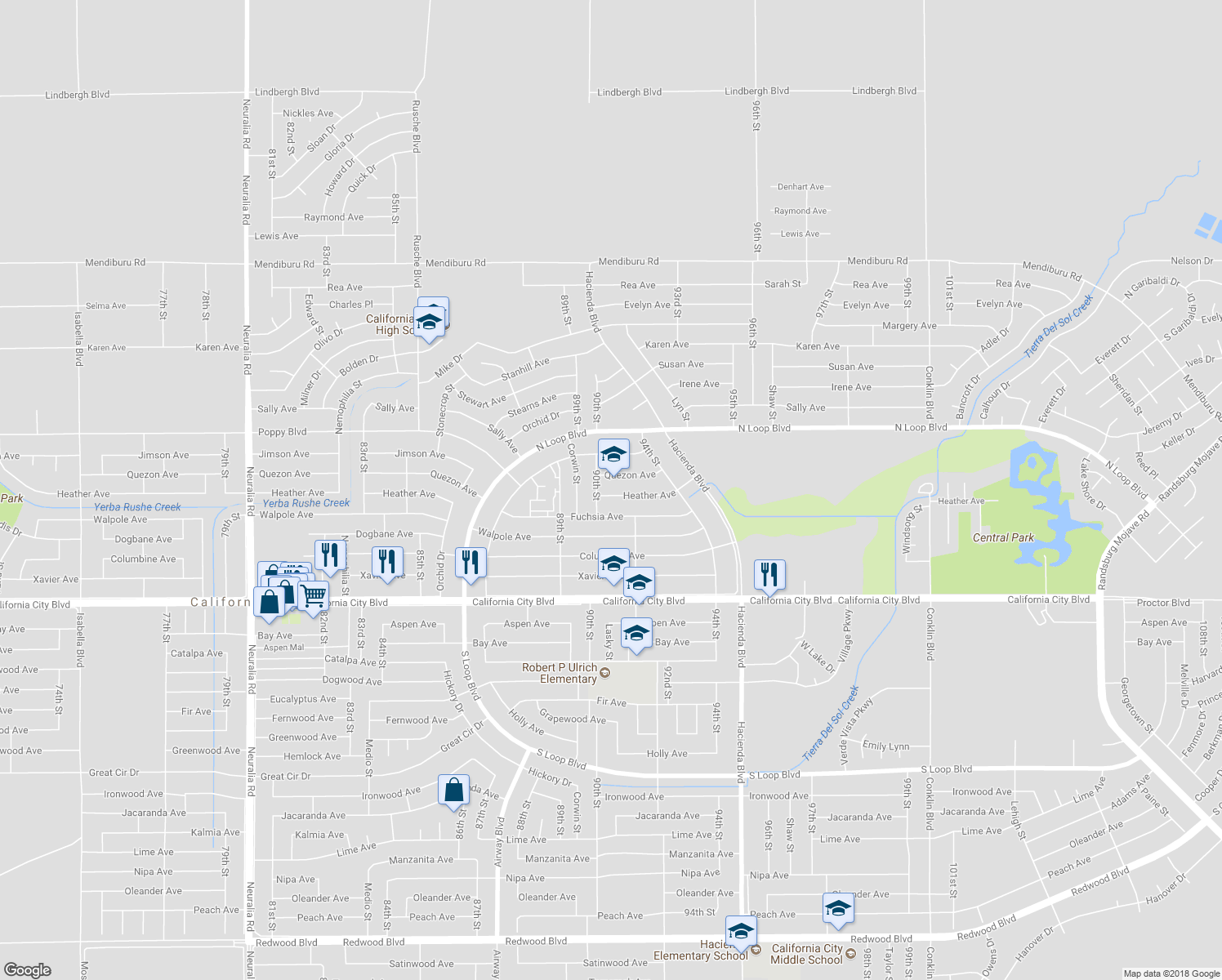 map of restaurants, bars, coffee shops, grocery stores, and more near 9031 Heather Avenue in California City