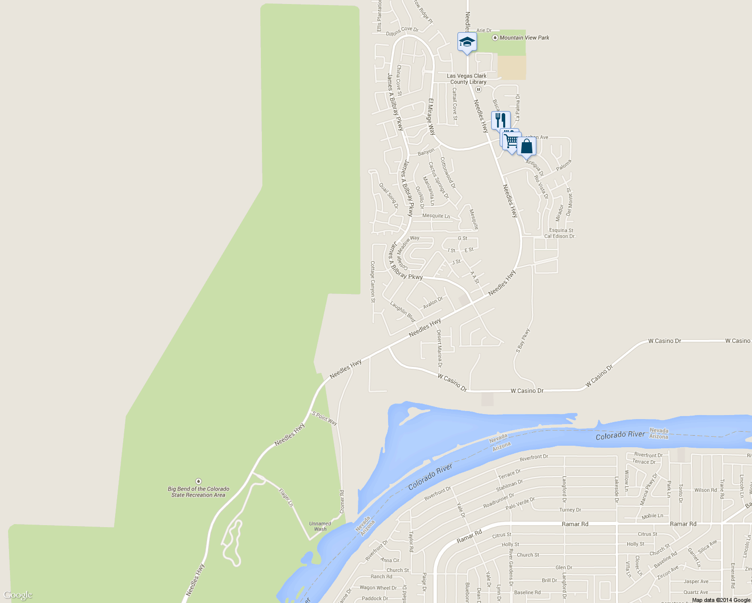 map of restaurants, bars, coffee shops, grocery stores, and more near 3658 Cottage Canyon Street in Laughlin