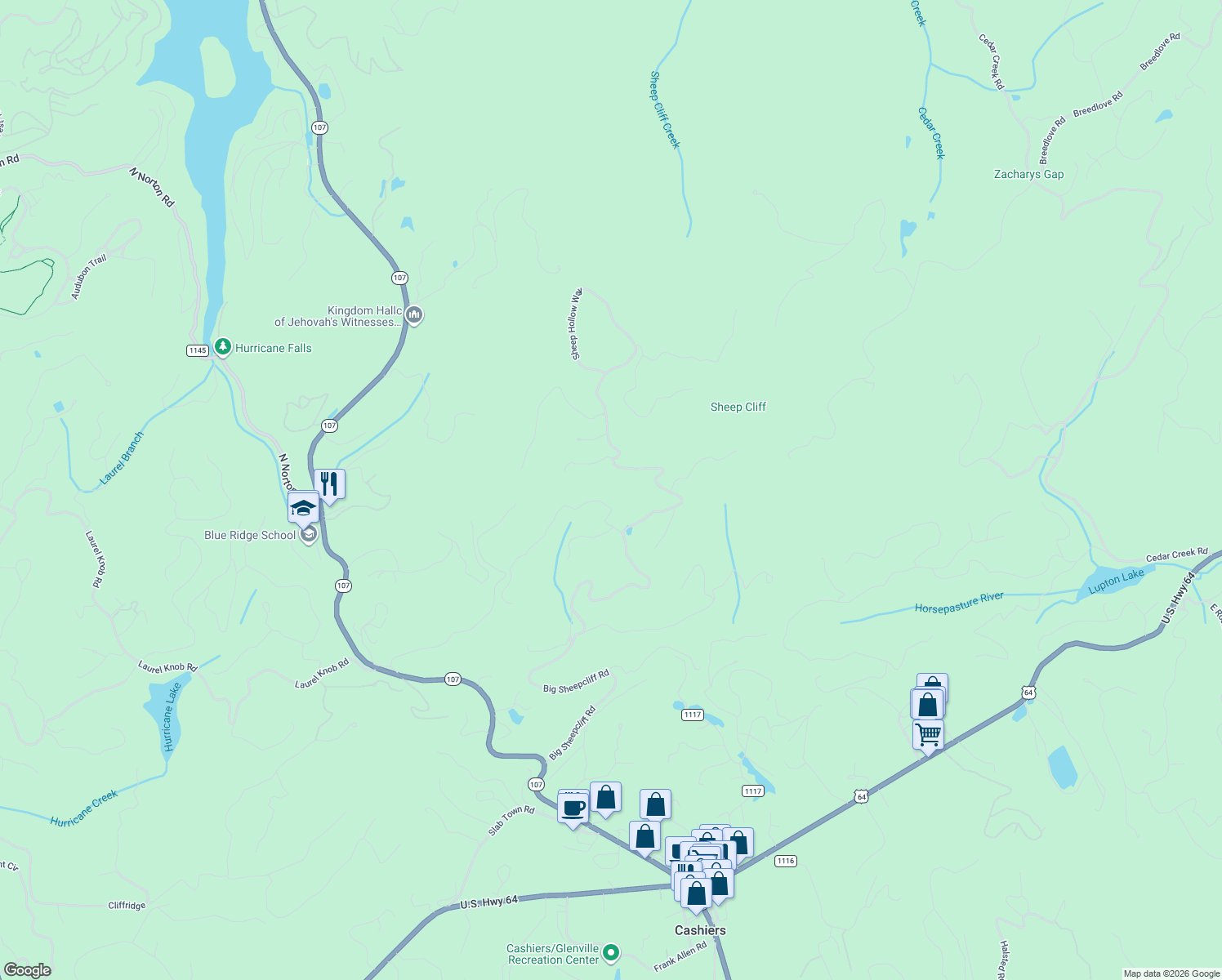 map of restaurants, bars, coffee shops, grocery stores, and more near 25 Rambouillet Road in Cashiers