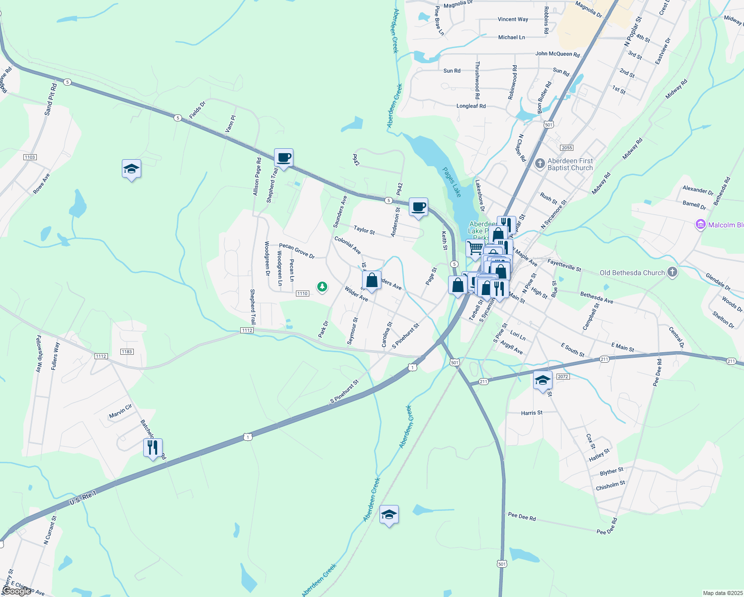 map of restaurants, bars, coffee shops, grocery stores, and more near 412 Sanborn Street in Aberdeen
