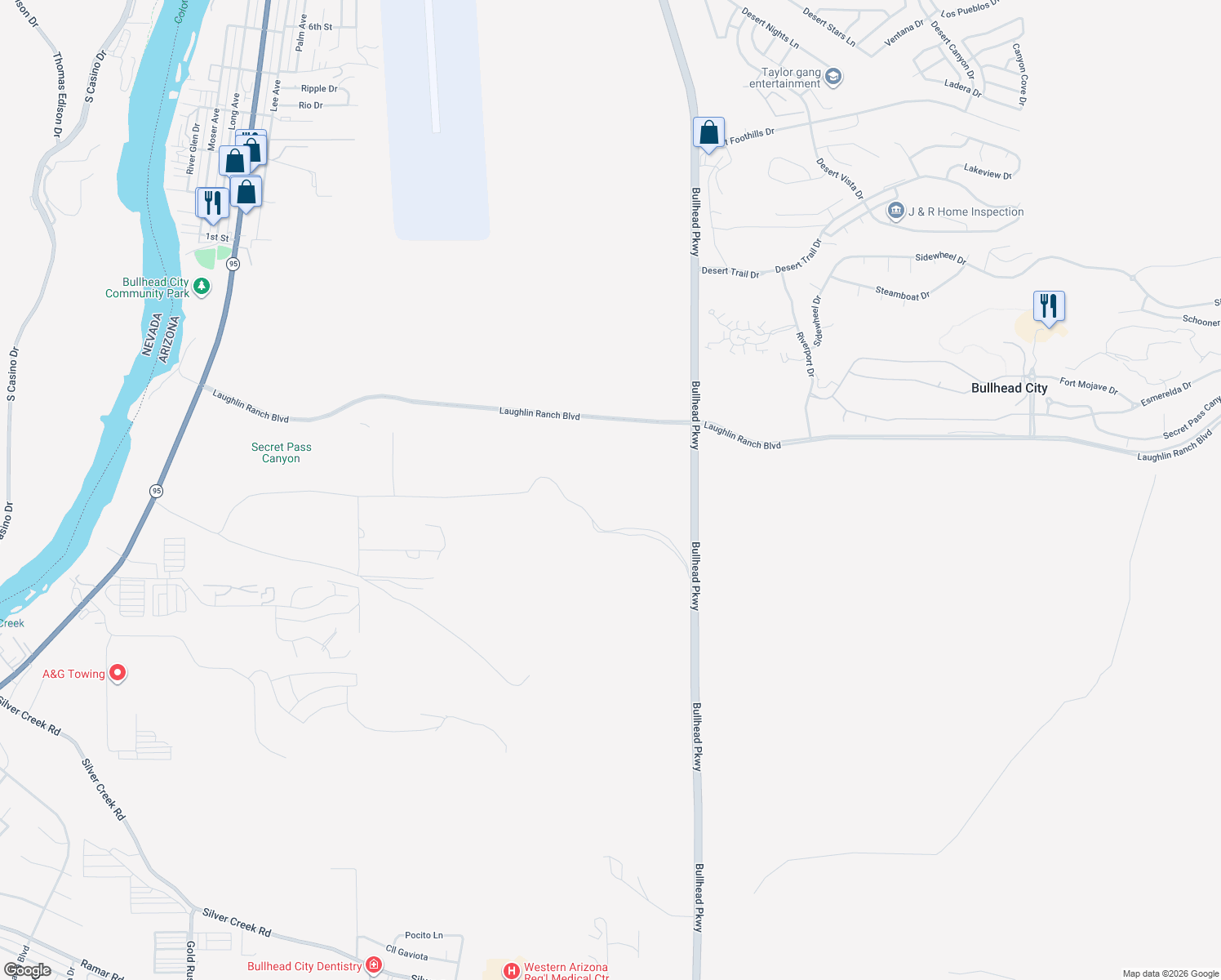 map of restaurants, bars, coffee shops, grocery stores, and more near 2900 Pass Canyon Road in Bullhead City