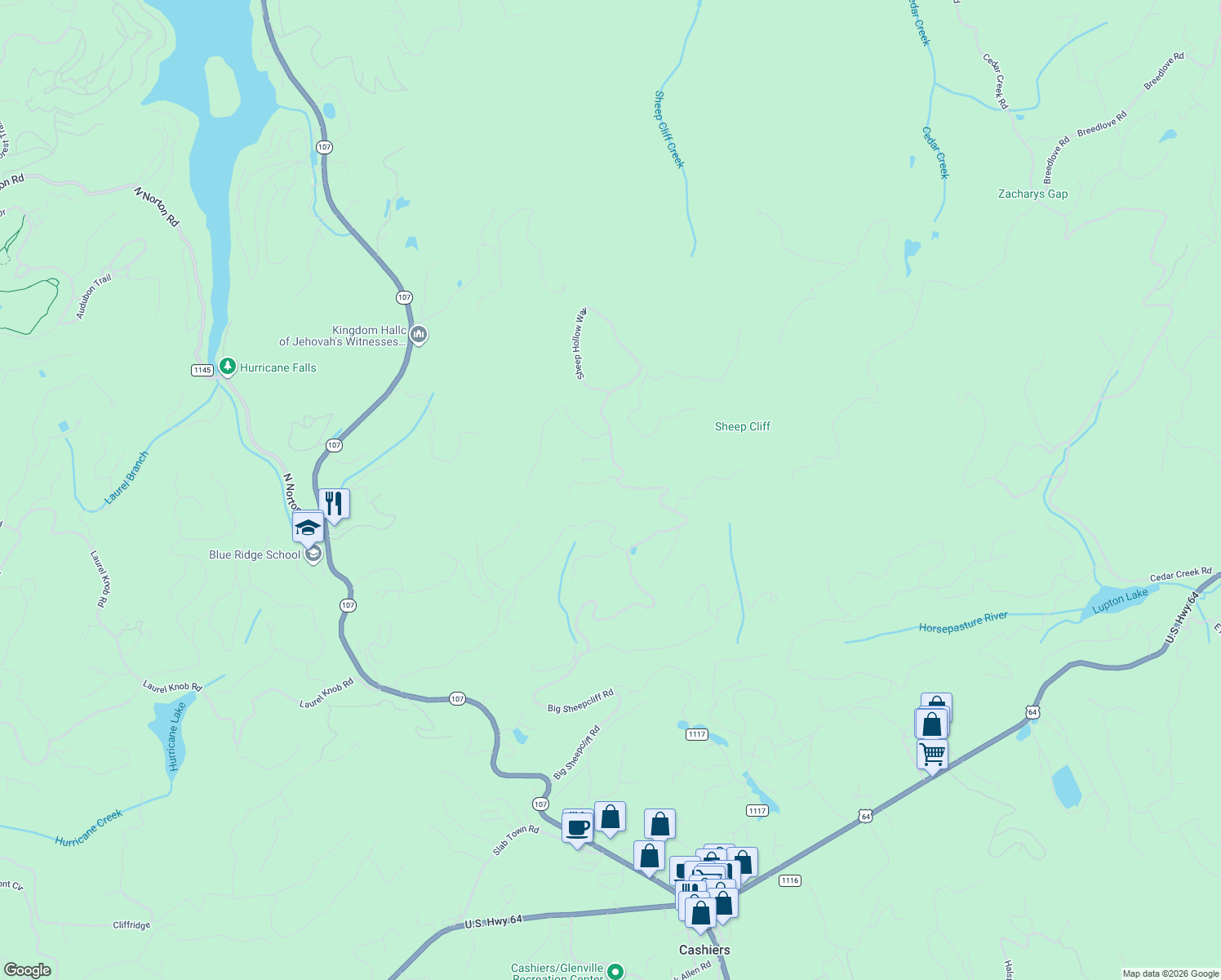 map of restaurants, bars, coffee shops, grocery stores, and more near 25 Rambouillet Road in Cashiers