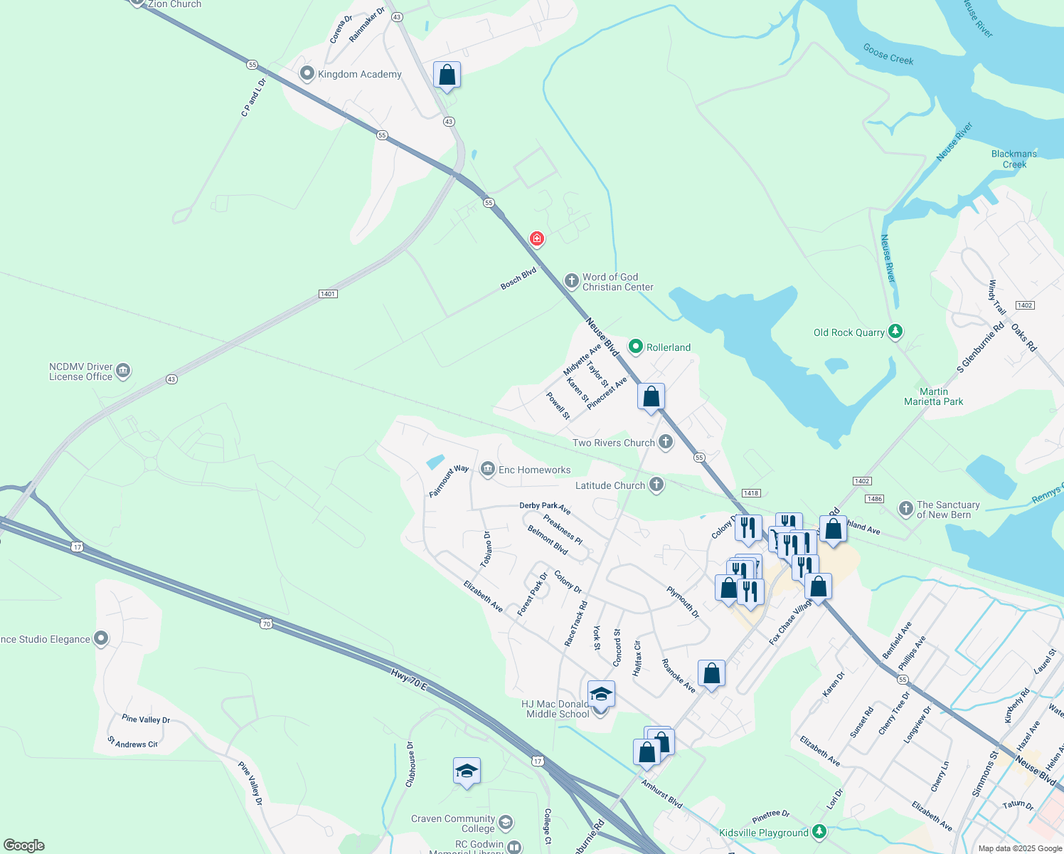 map of restaurants, bars, coffee shops, grocery stores, and more near 3611 Delesa Court in New Bern