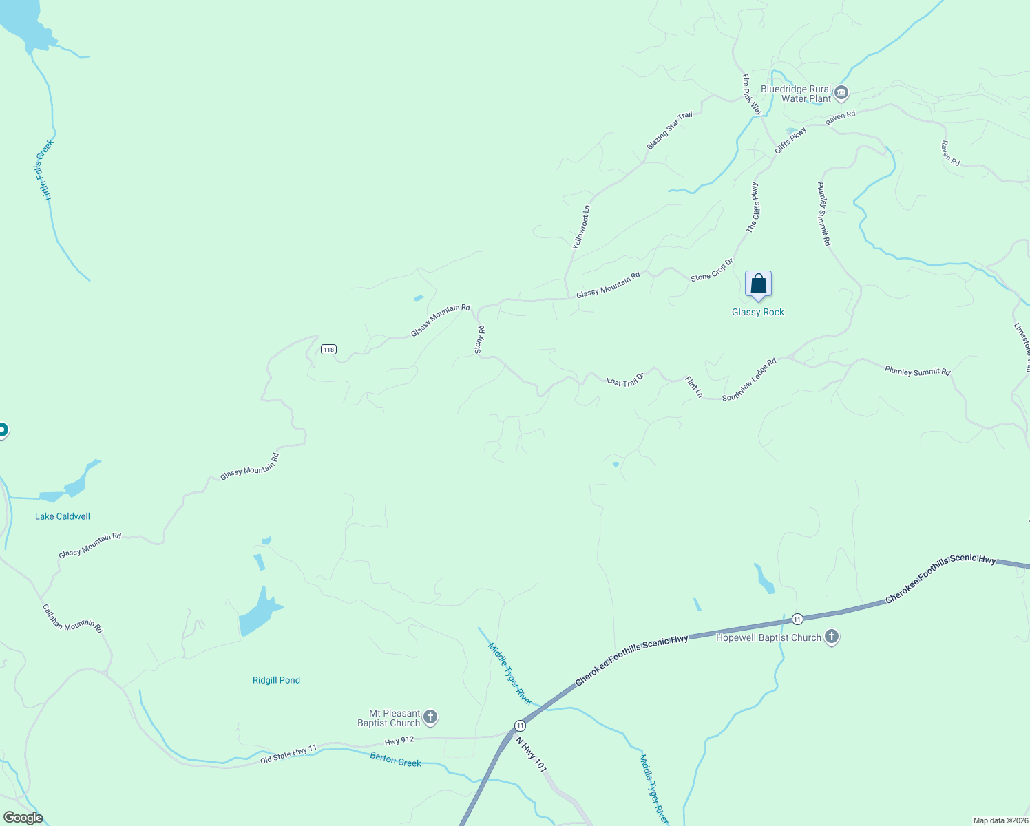 map of restaurants, bars, coffee shops, grocery stores, and more near 101 High Country Way in Landrum